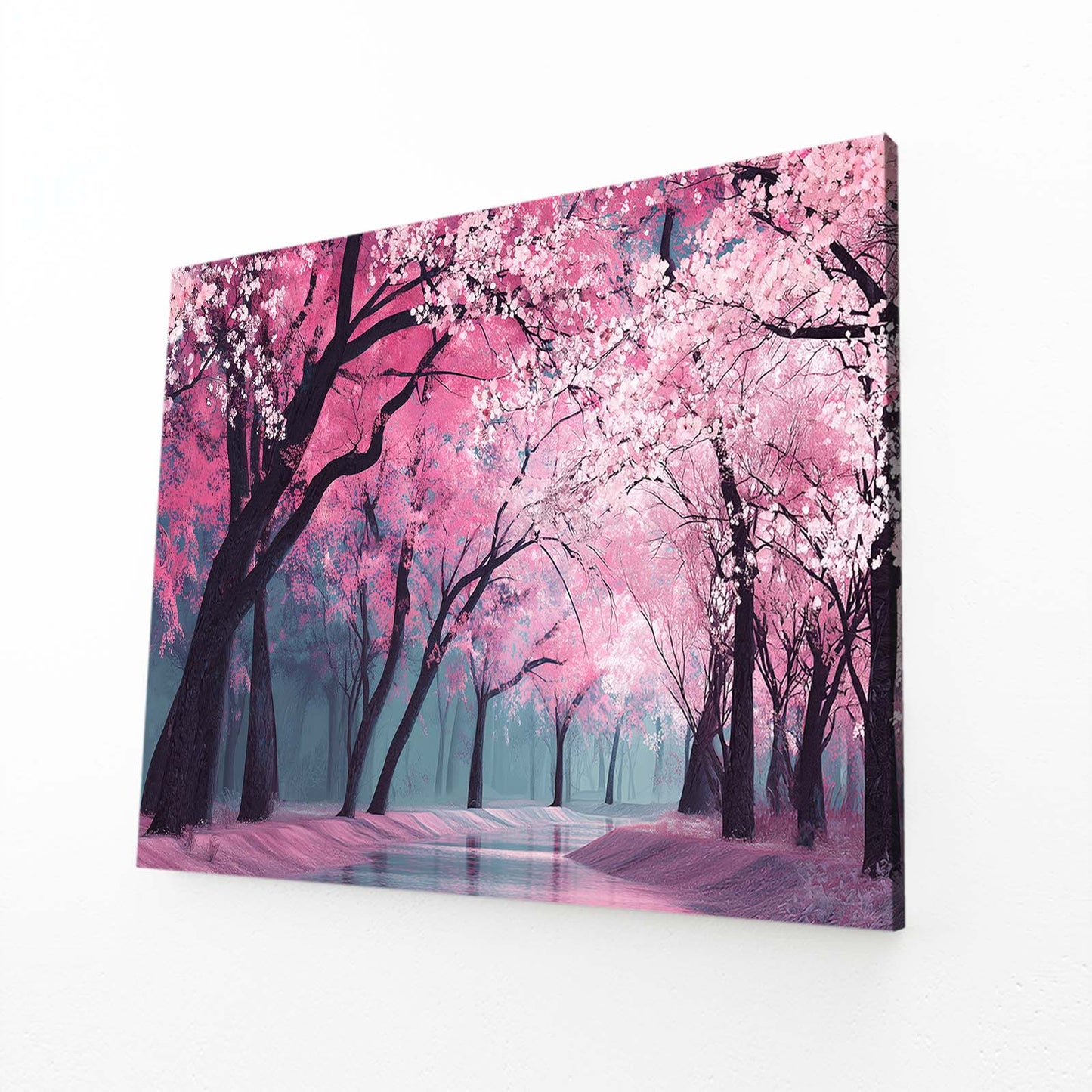 Pink Forest Path Cherry Blossom Canvas – angled canvas view on white background