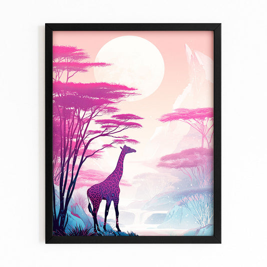 Framed artwork of a giraffe in a pink and purple landscape with trees and a moon.