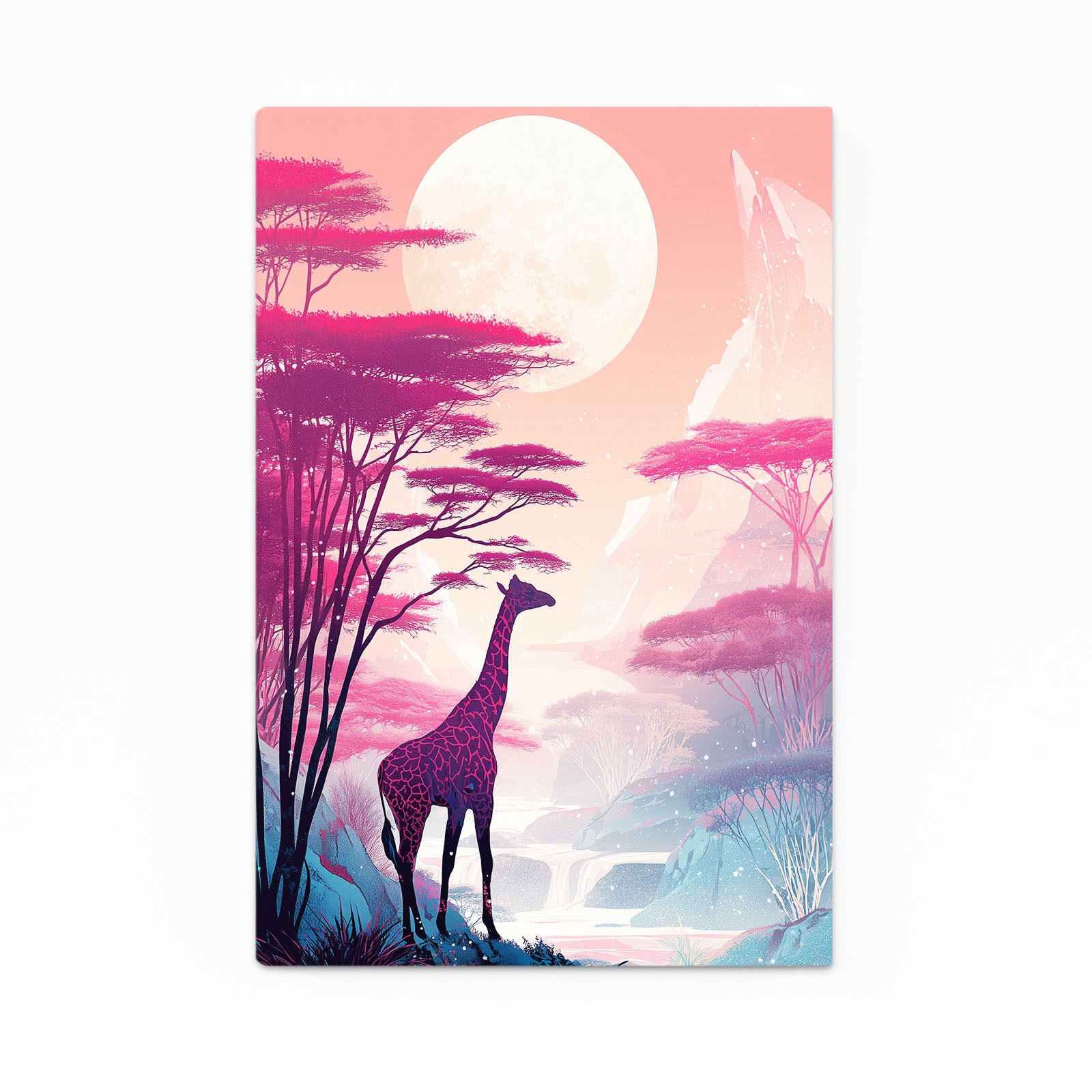Giraffe in a stylized savanna with pink trees and a large moon.