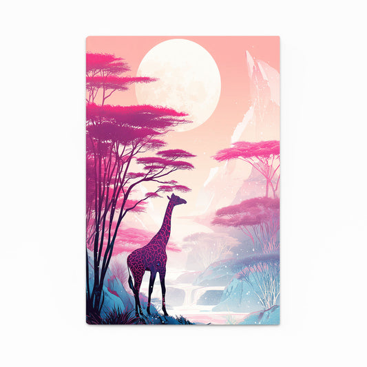 Giraffe in a stylized savanna with pink trees and a large moon.