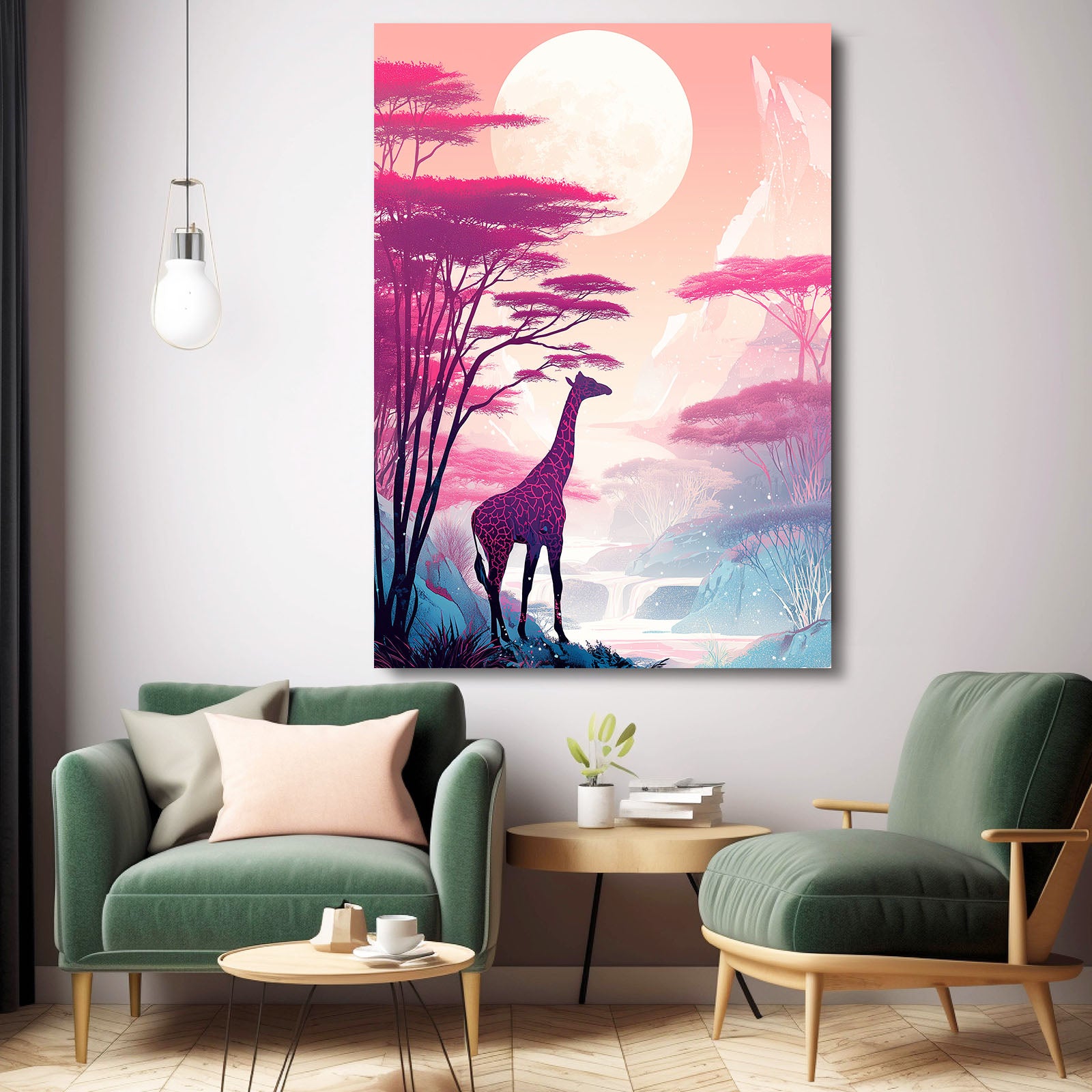 Surreal landscape with a giraffe in a living room setting