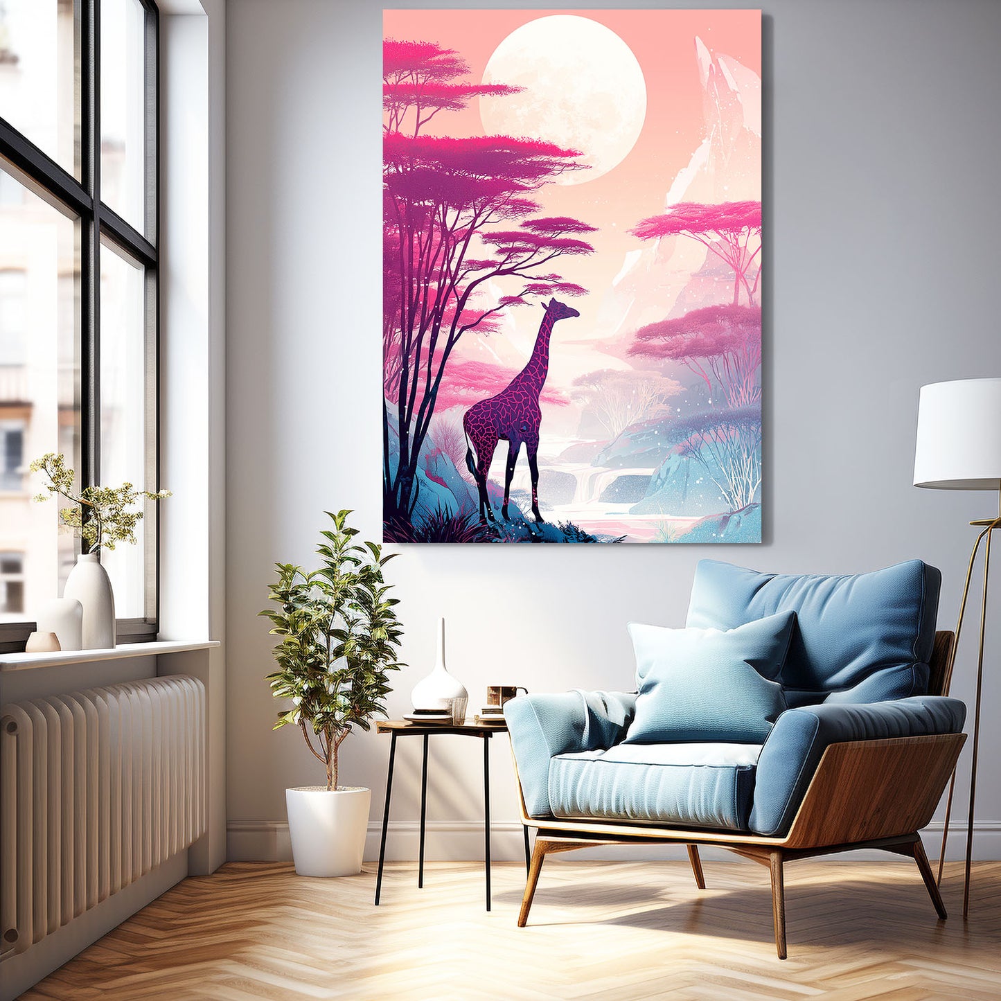 Modern living room with a blue armchair, plant, and a colorful giraffe painting on the wall.