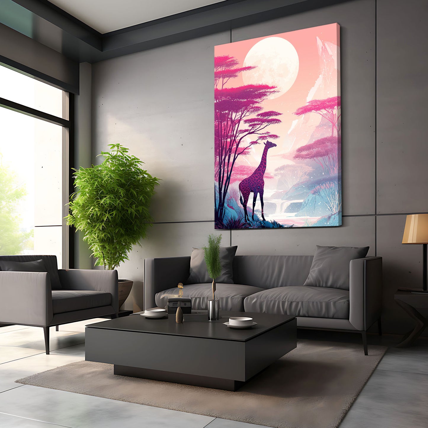 Modern living room with a large abstract painting of a giraffe on a wall.