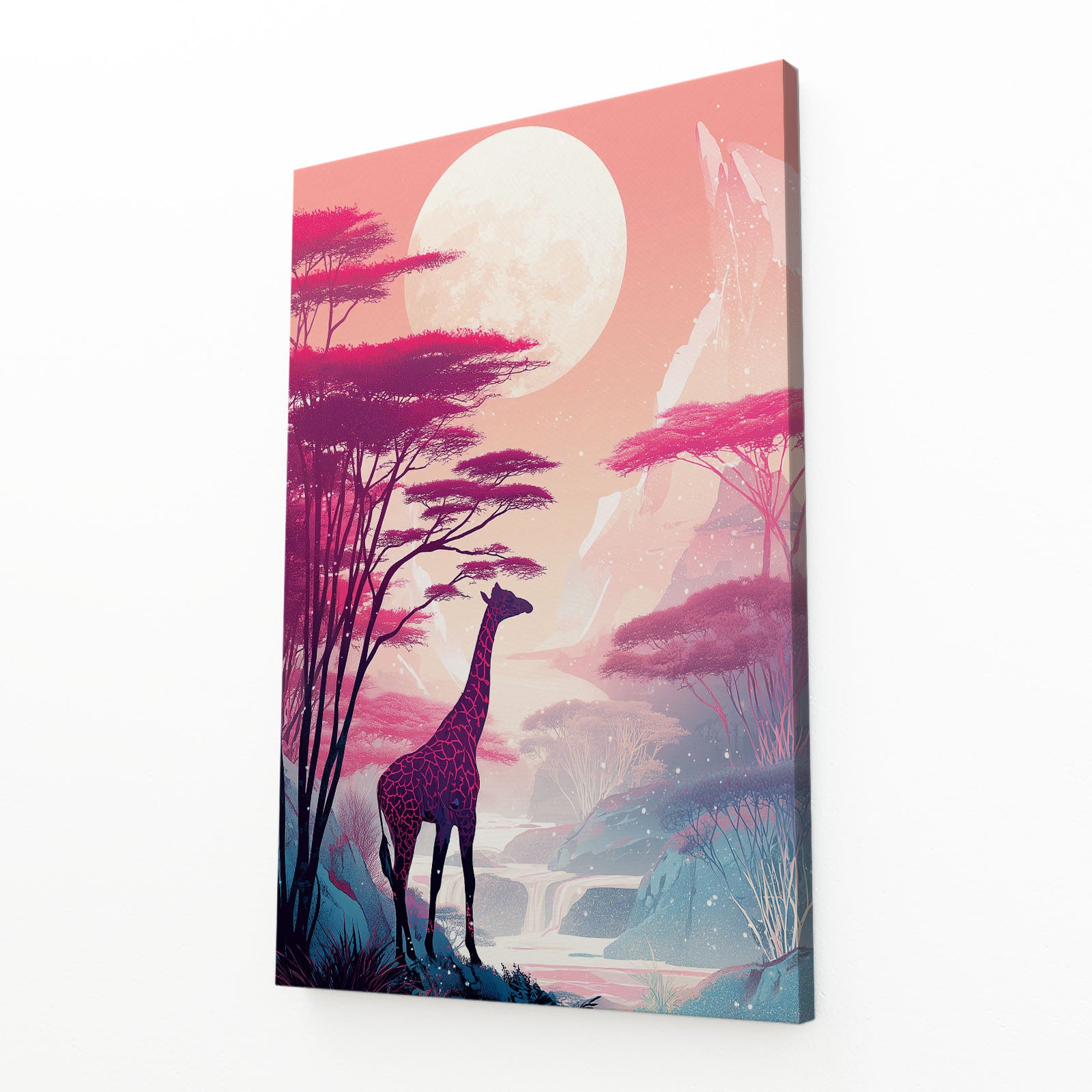 Canvas print with a stylized giraffe and trees under a large moon on a pink sky.