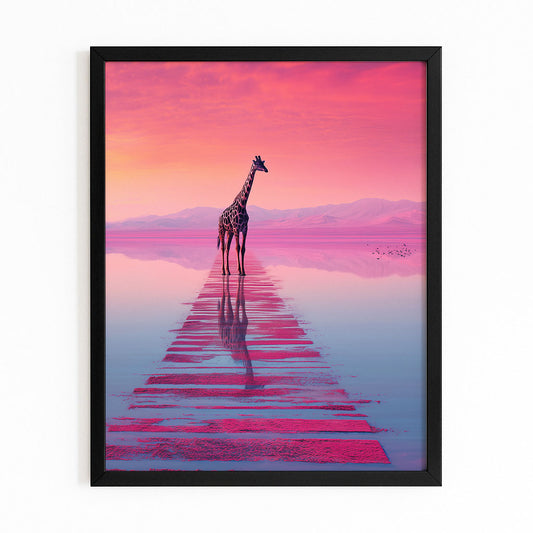 Framed artwork of a giraffe standing on a reflective surface with a pink and purple sky.