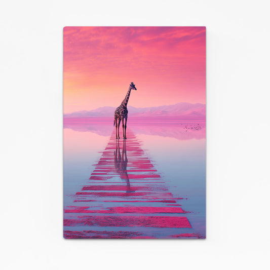 Giraffe standing on a reflective surface with a pink and purple sky