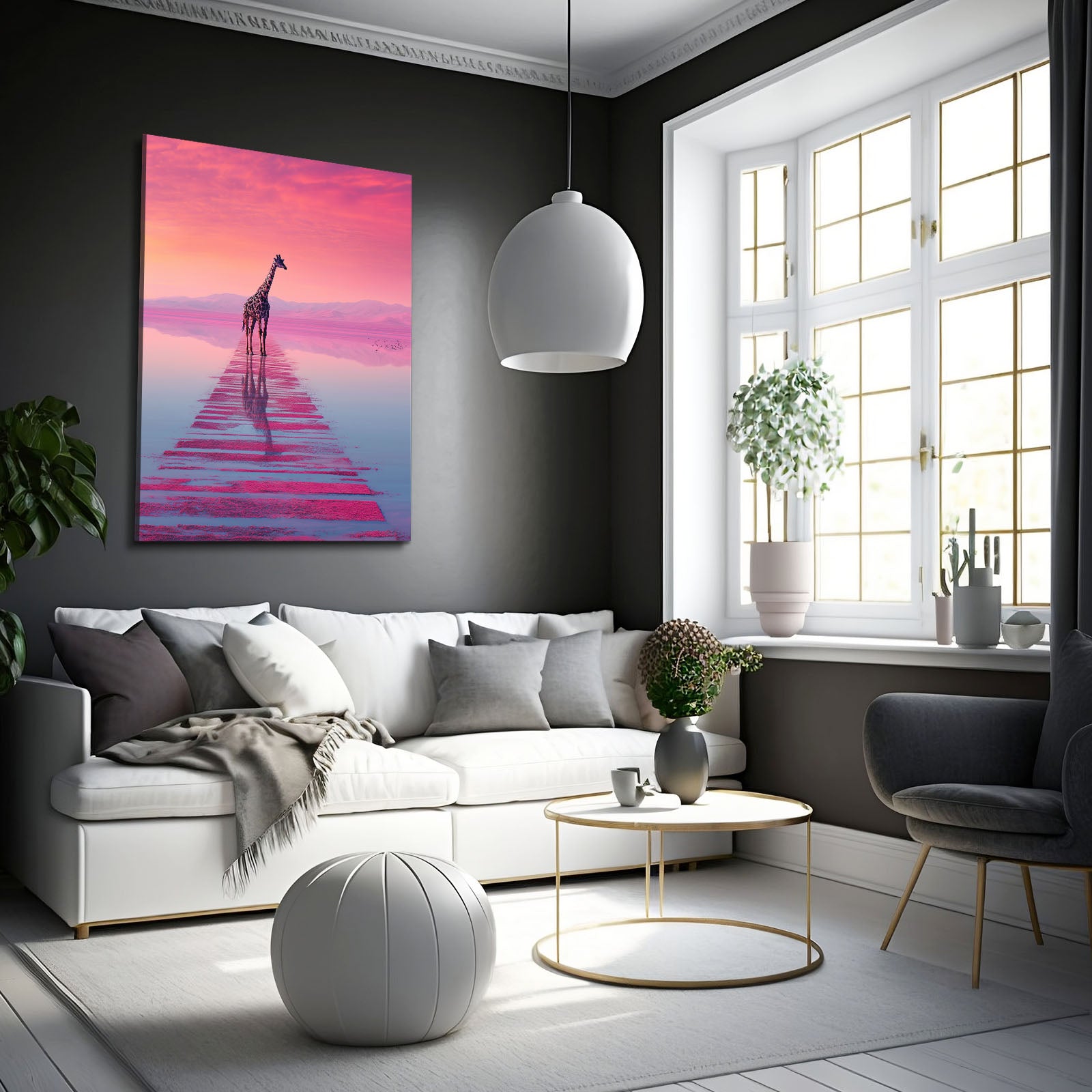 Modern living room with a giraffe painting on the wall