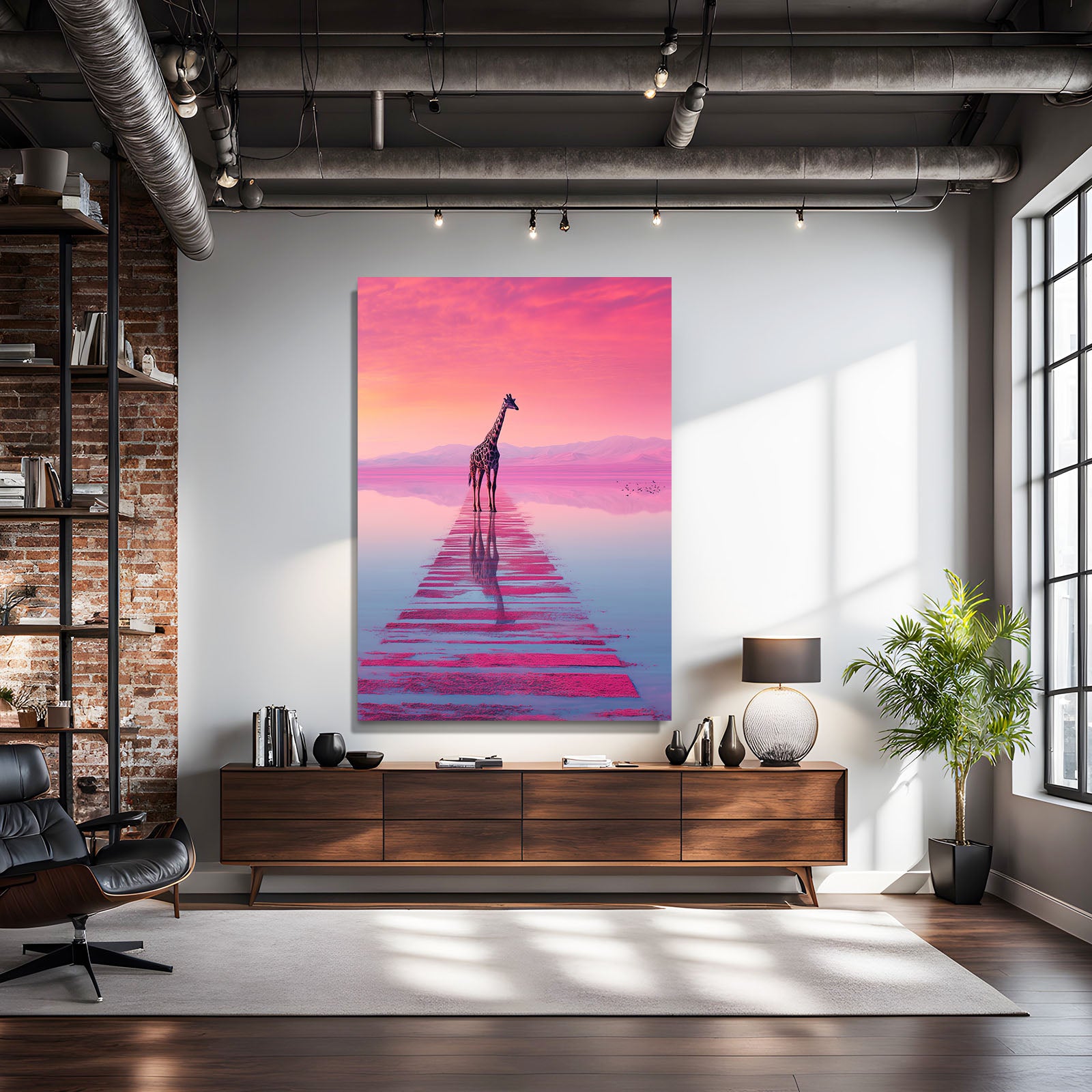 Modern interior with a large abstract painting of a giraffe on a pink and blue background.
