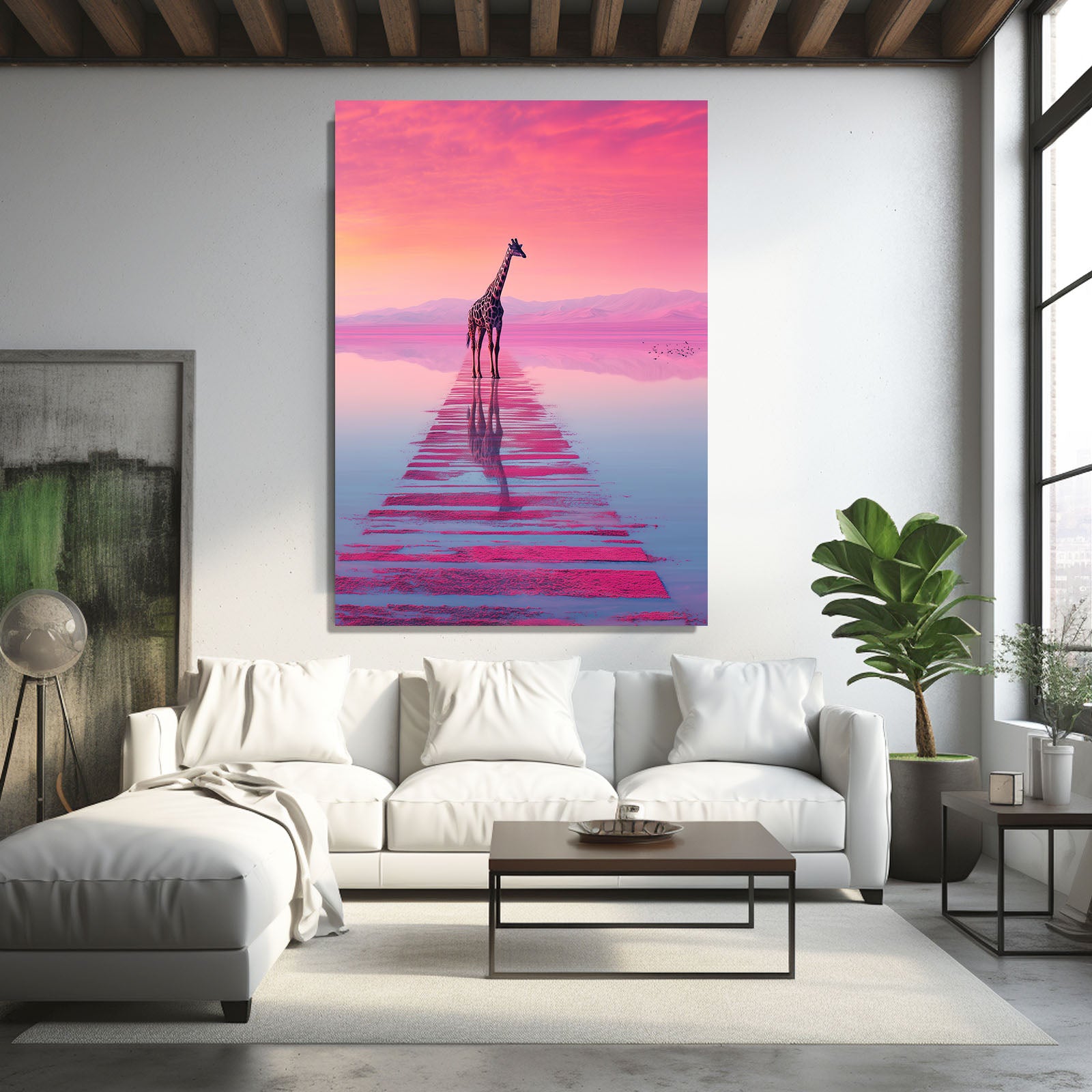 Living room with a large abstract painting of a giraffe on a pink sky, white sofa, and modern decor.