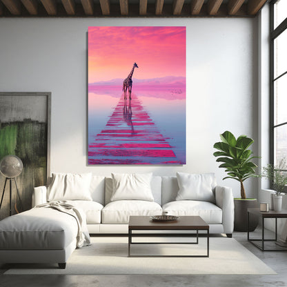 Living room with a large abstract painting of a giraffe on a pink sky, white sofa, and modern decor.