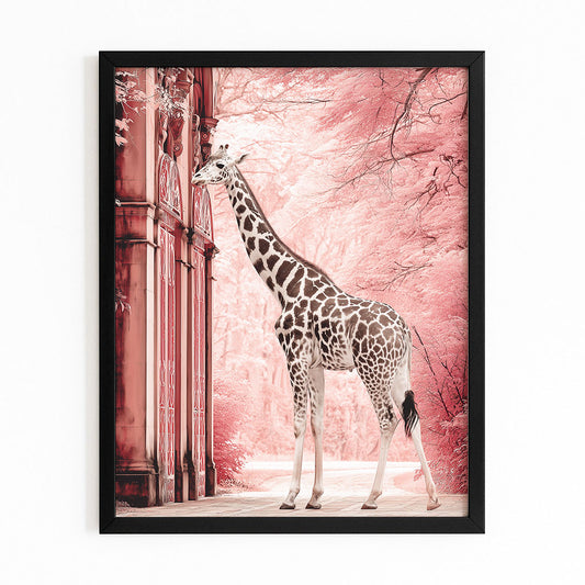 Framed artwork of a giraffe in a pink-themed setting