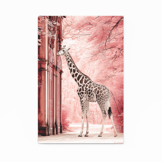 Giraffe standing in front of a pink cherry blossom tree with classical architecture.