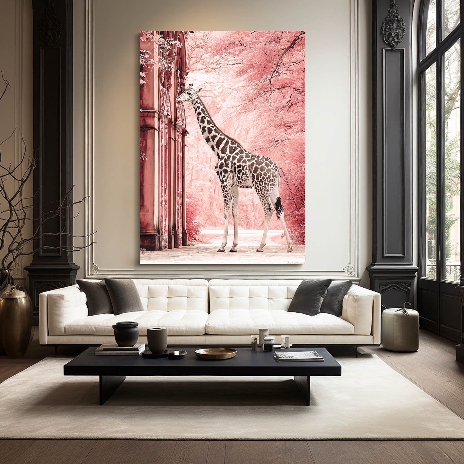 Living room with a large framed picture of a giraffe on a pink background