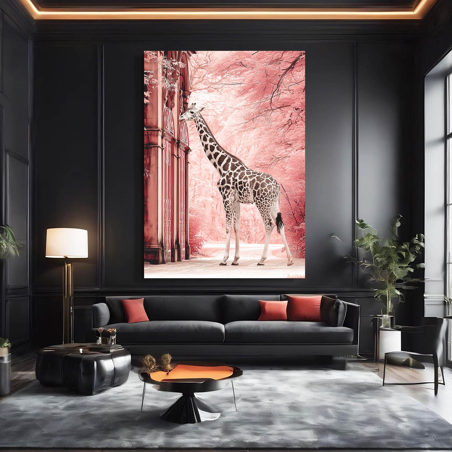 Modern living room with a large giraffe painting on the wall