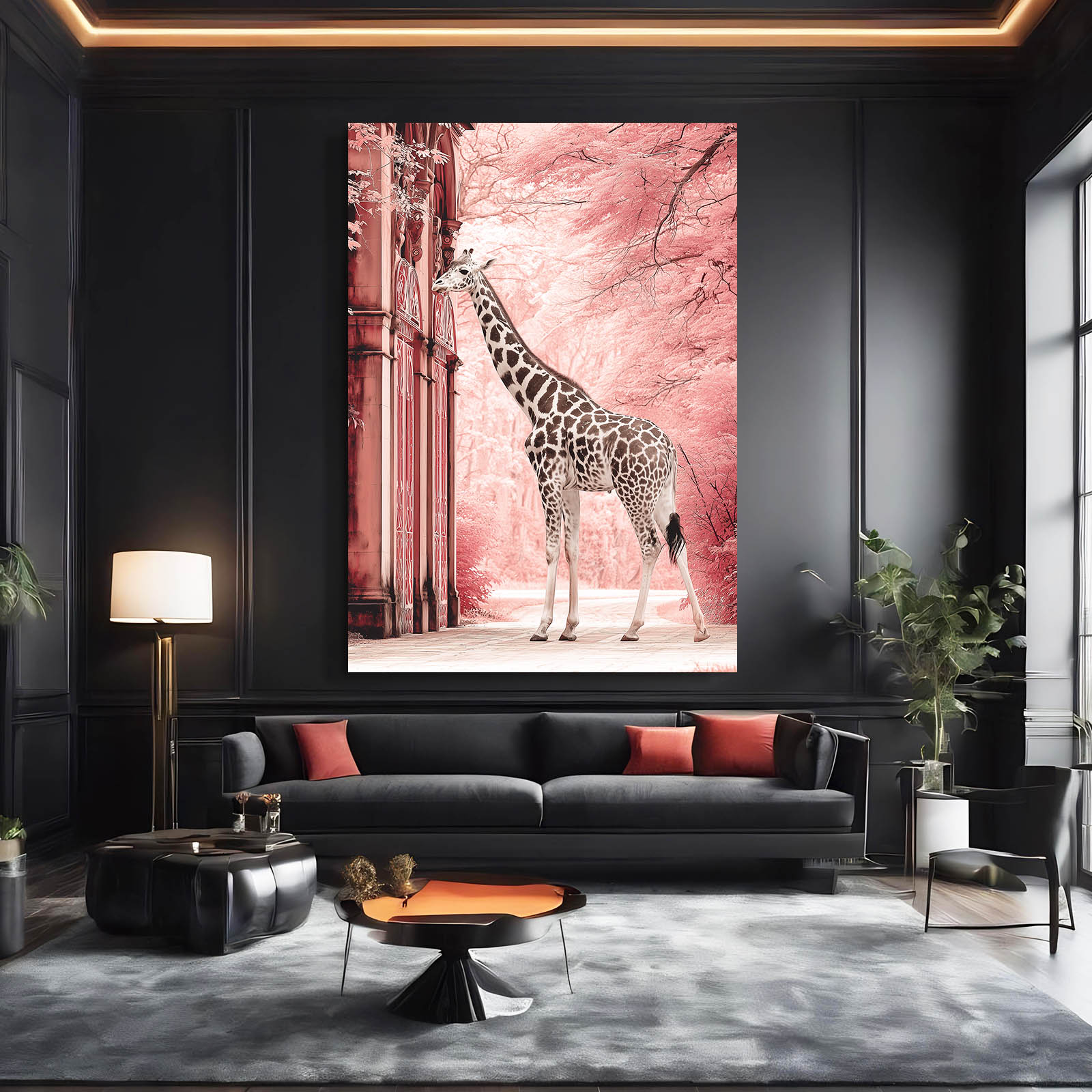 Modern living room with a large giraffe painting on the wall