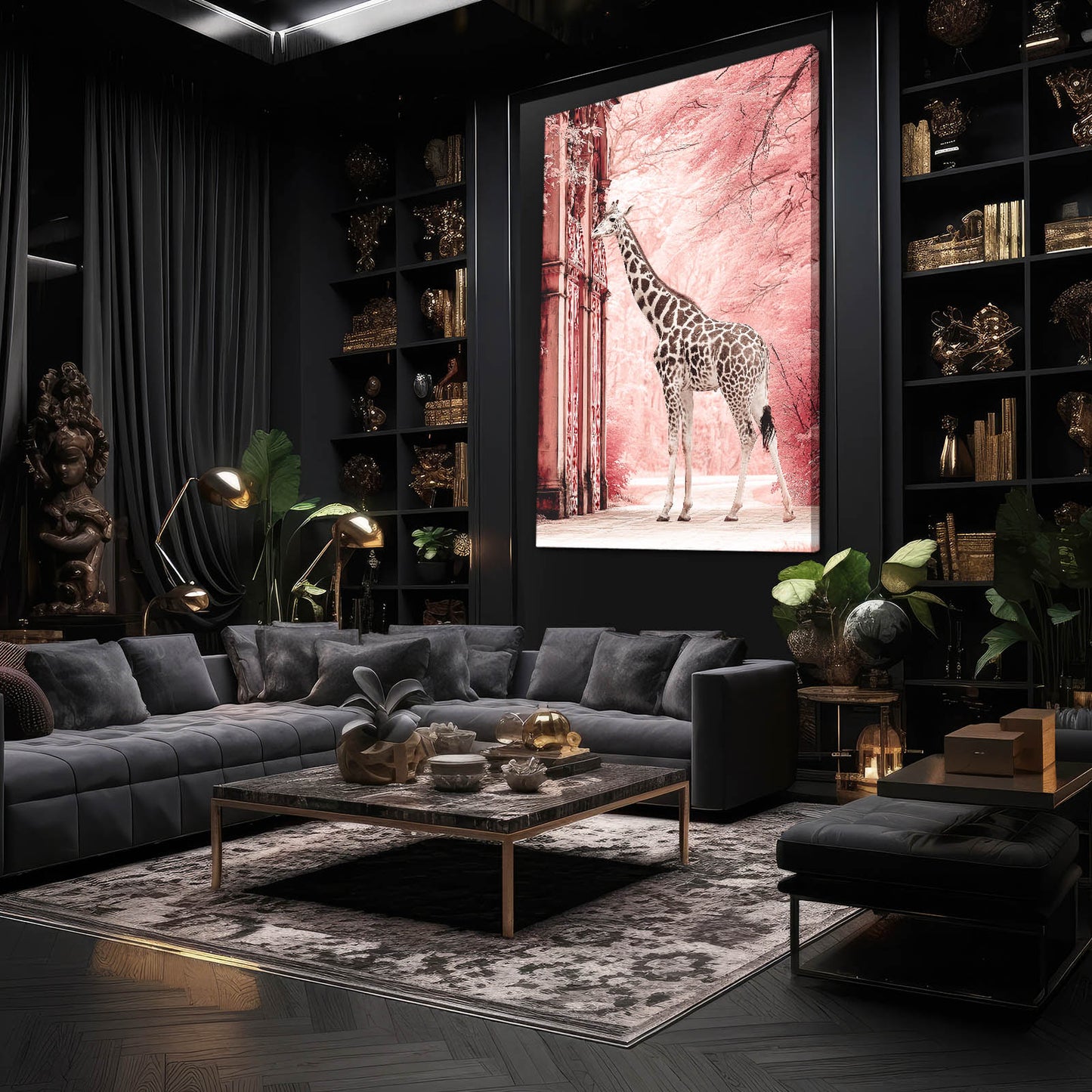 Modern living room with dark walls, a gray sectional sofa, and decorative elements.