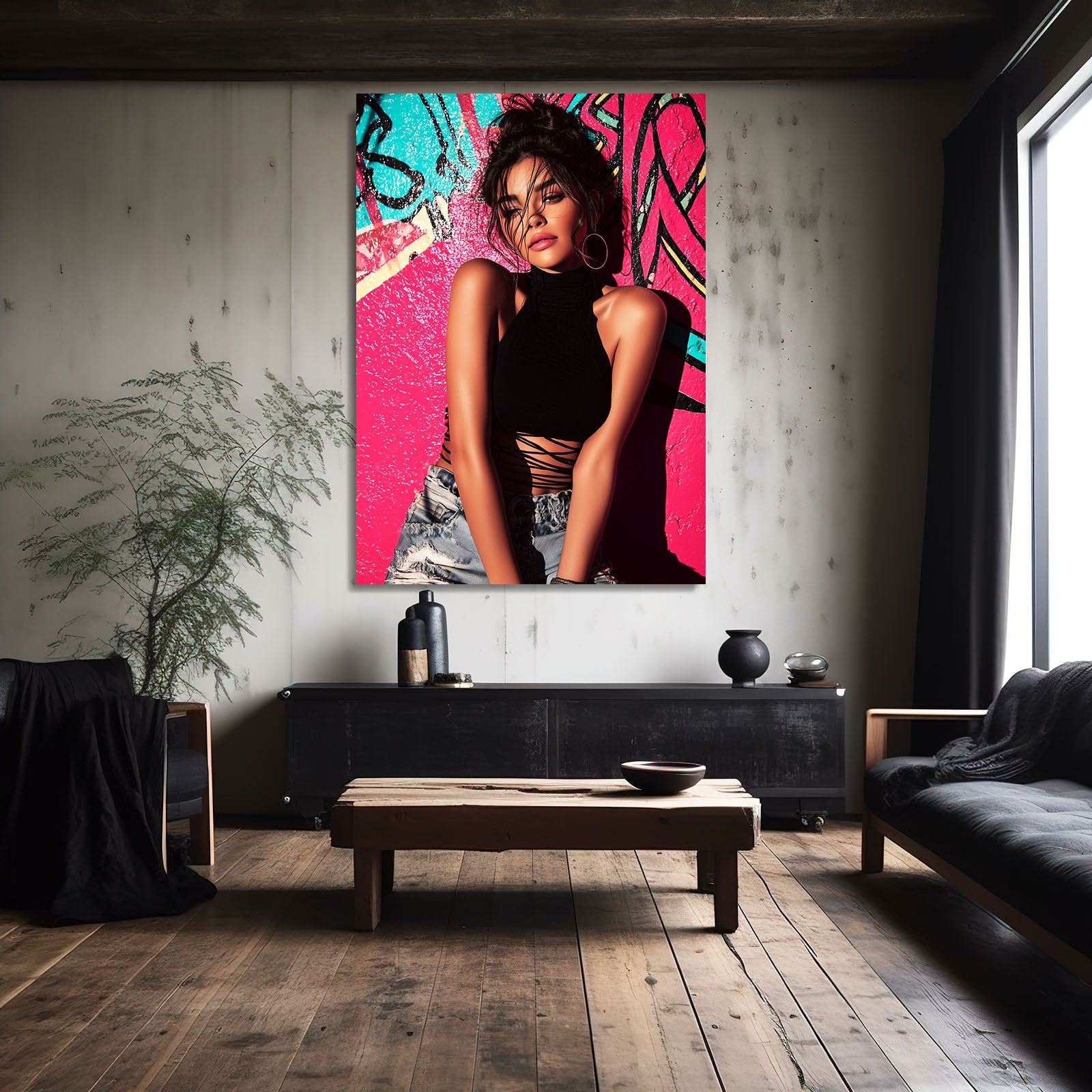 Pink Graffiti Portrait Photography Canvas Art – styled in a furnished interior
