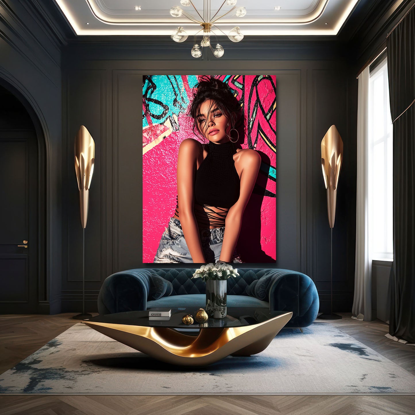 Pink Graffiti Portrait Photography Canvas Art – styled in a furnished interior