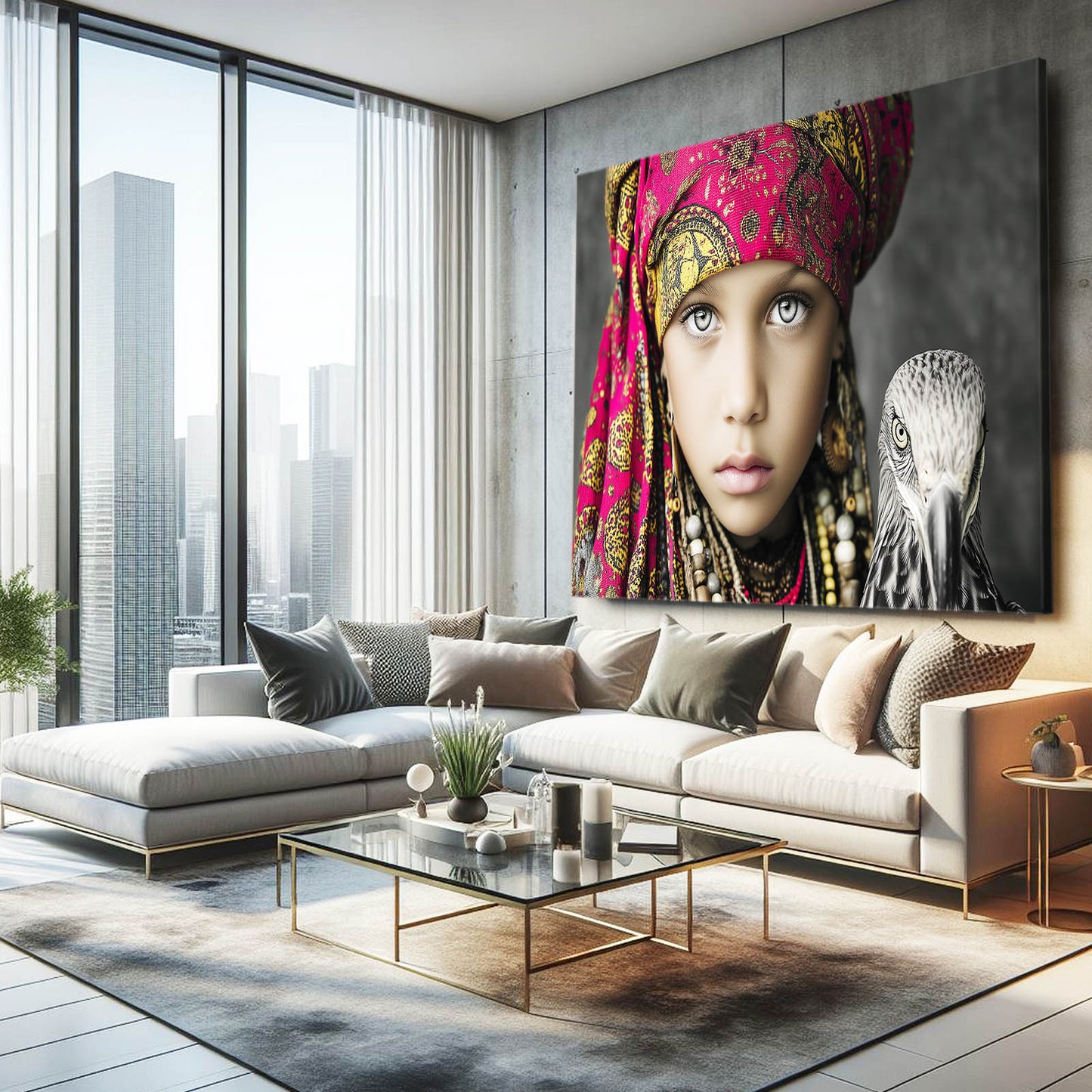 Pink Headscarf Beads Portrait Photography Prints – styled in a furnished interior