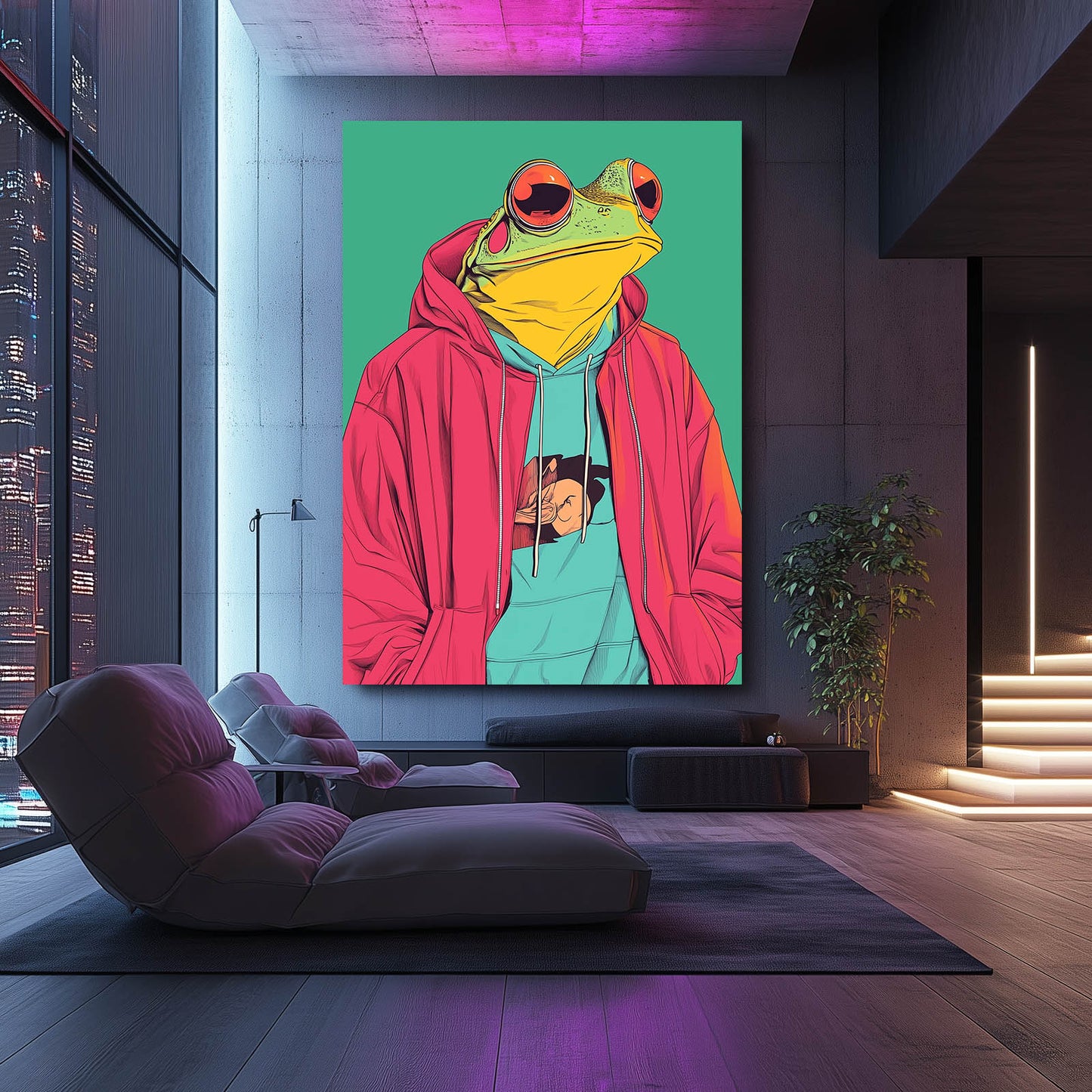 Pink Hoodie Frog Canvas Art – styled in a furnished interior