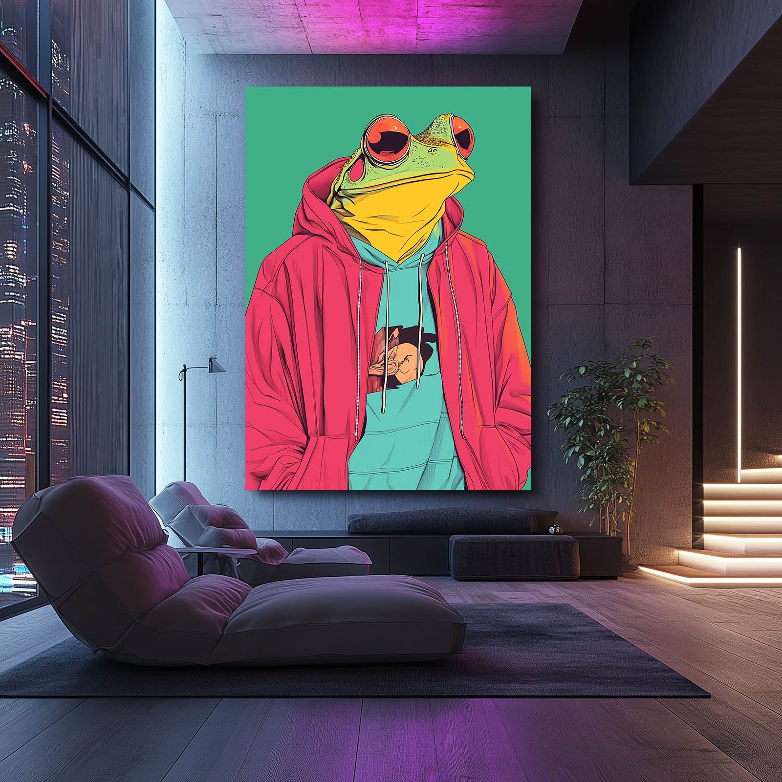 Pink Hoodie Frog Canvas Art – styled in a furnished interior