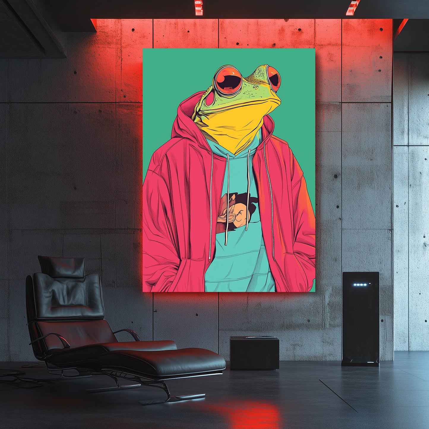 Pink Hoodie Frog Canvas Art – styled in a furnished interior