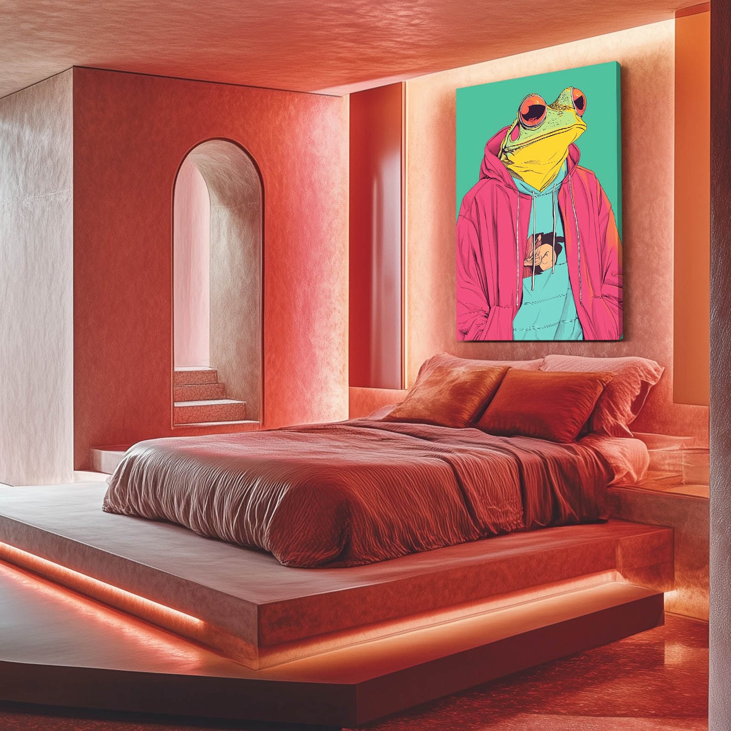 Pink Hoodie Frog Canvas Art – styled in a furnished interior