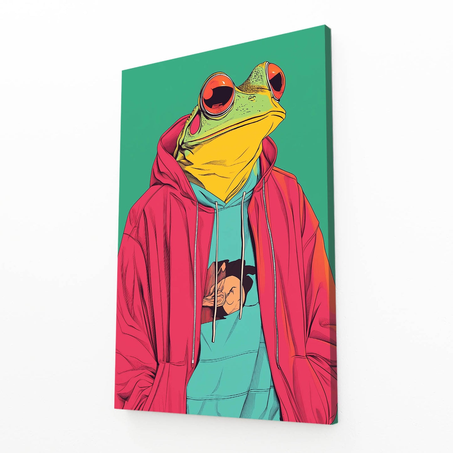 Pink Hoodie Frog Canvas Art – angled canvas view on white background