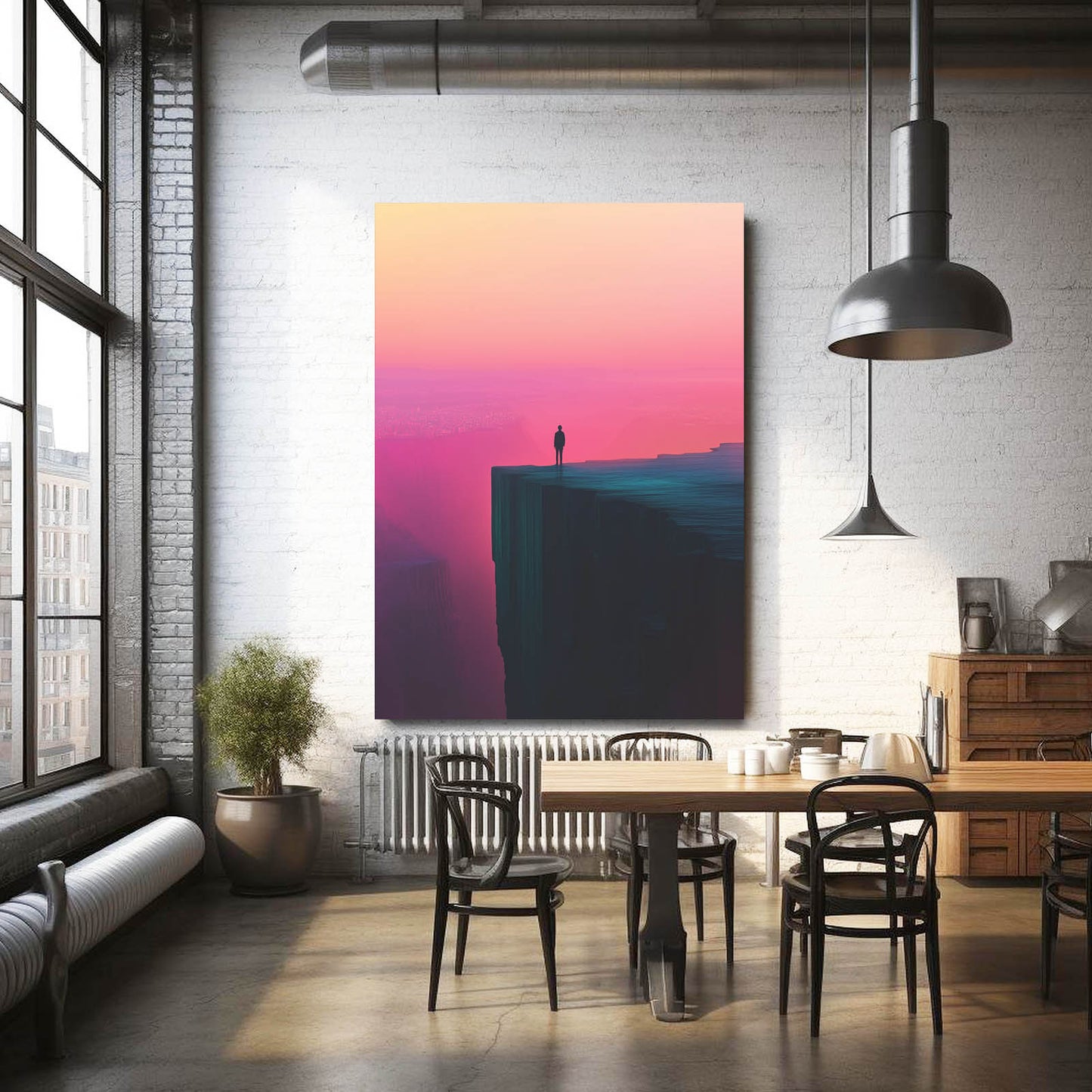 Pink Horizon Cliff Minimalist Wall Art — contemporary canvas print, styled in a furnished interior