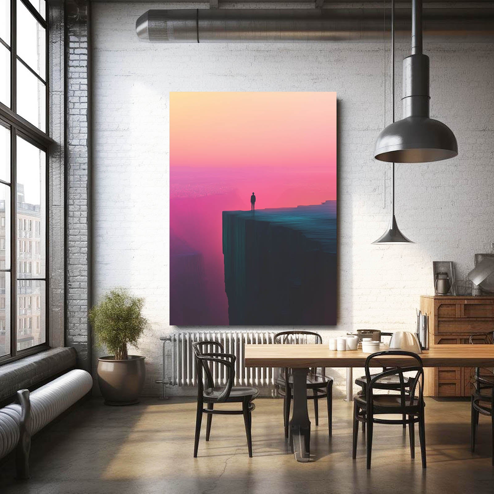 Pink Horizon Cliff Minimalist Wall Art — contemporary canvas print, styled in a furnished interior