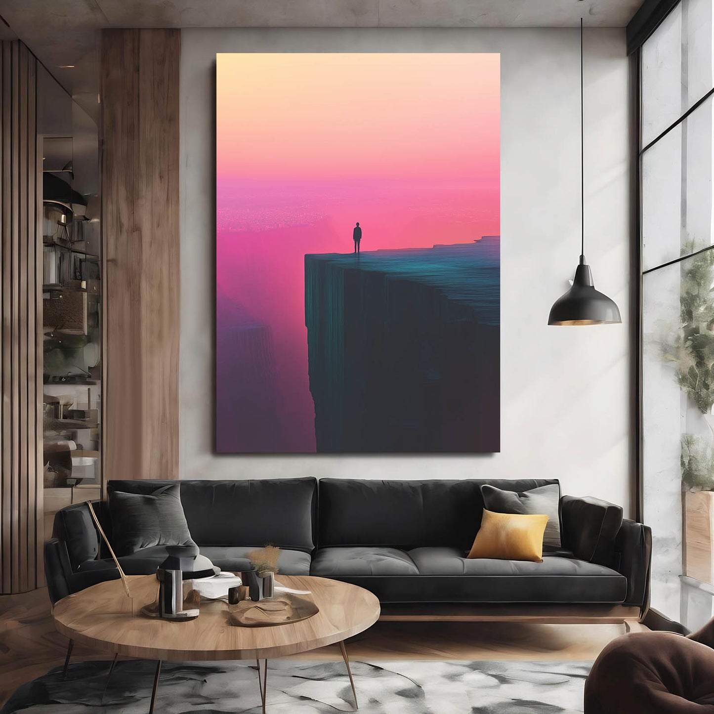 Pink Horizon Cliff Minimalist Wall Art — contemporary canvas print, styled in a furnished interior