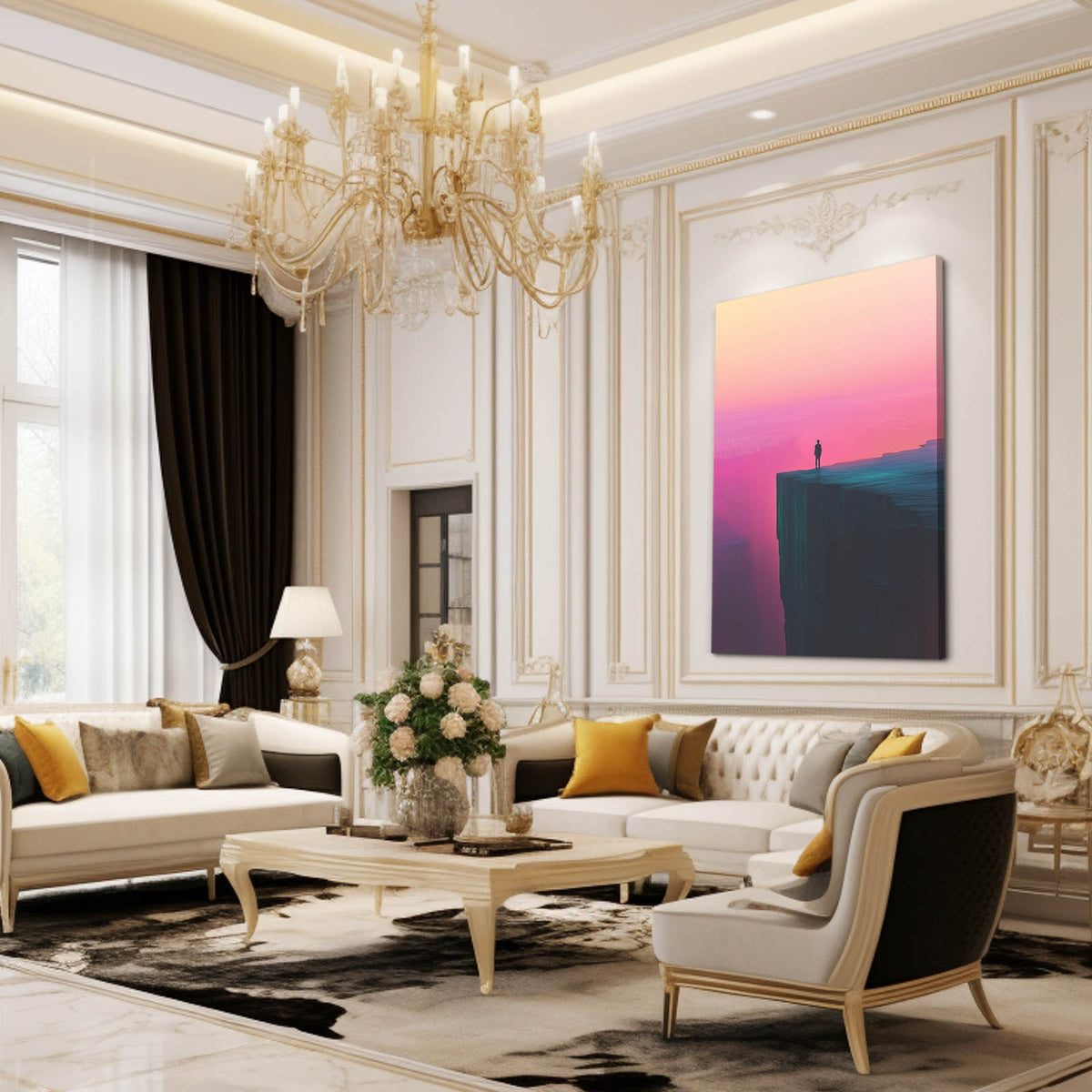 Pink Horizon Cliff Minimalist Wall Art — contemporary canvas print, styled in a furnished interior
