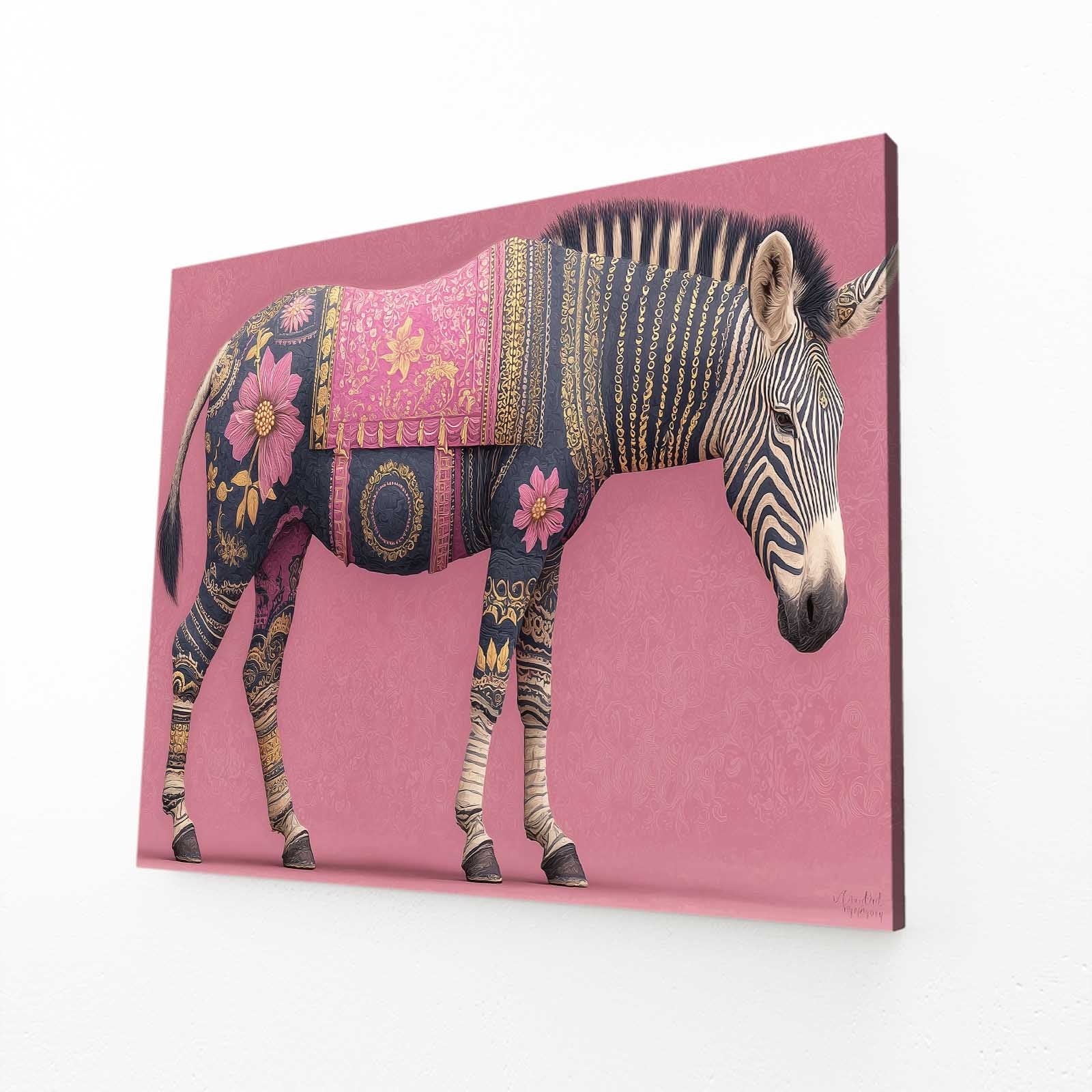 Pink Horizontal Zebra Wall Art – angled canvas view on white background