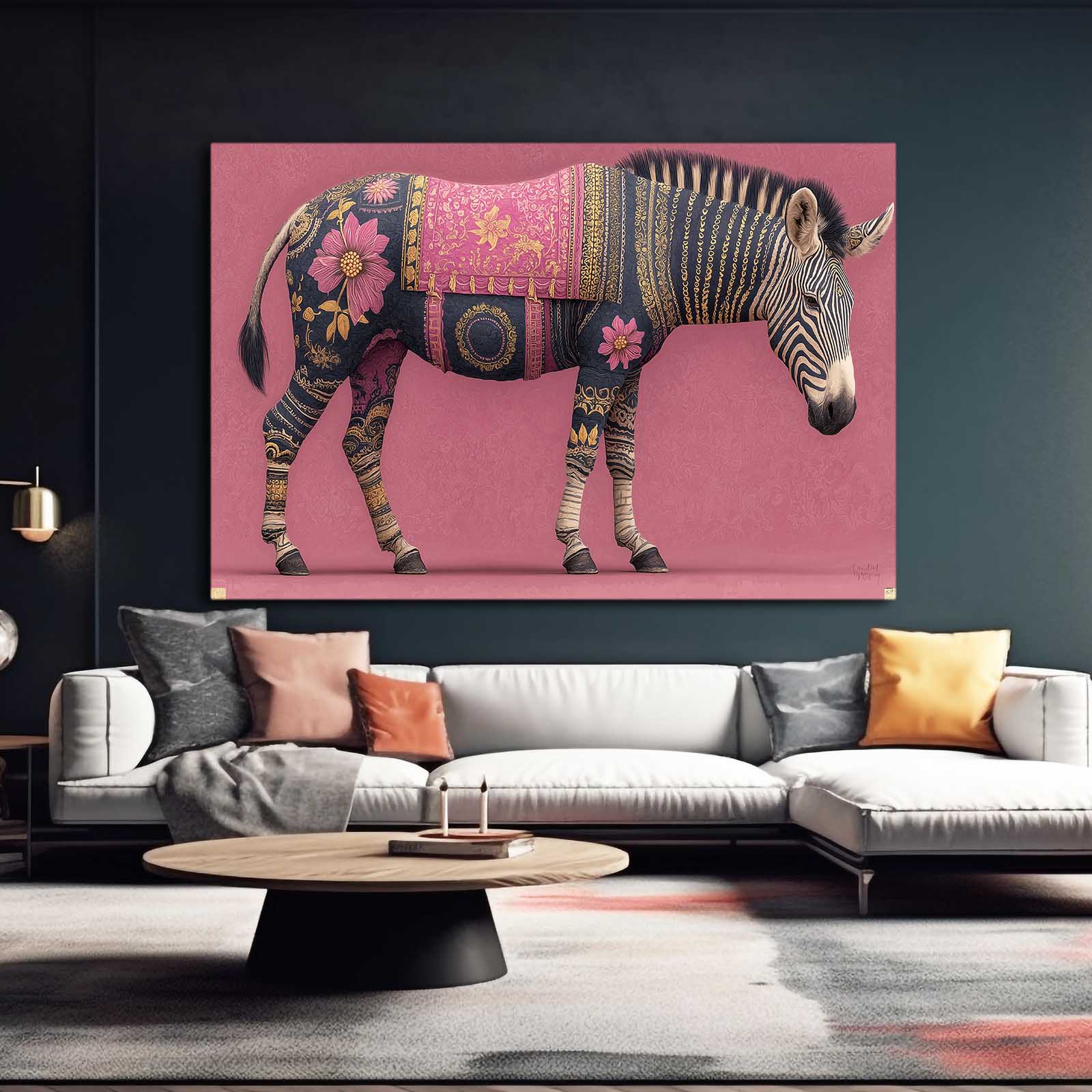 Pink Horizontal Zebra Wall Art – styled in a furnished interior