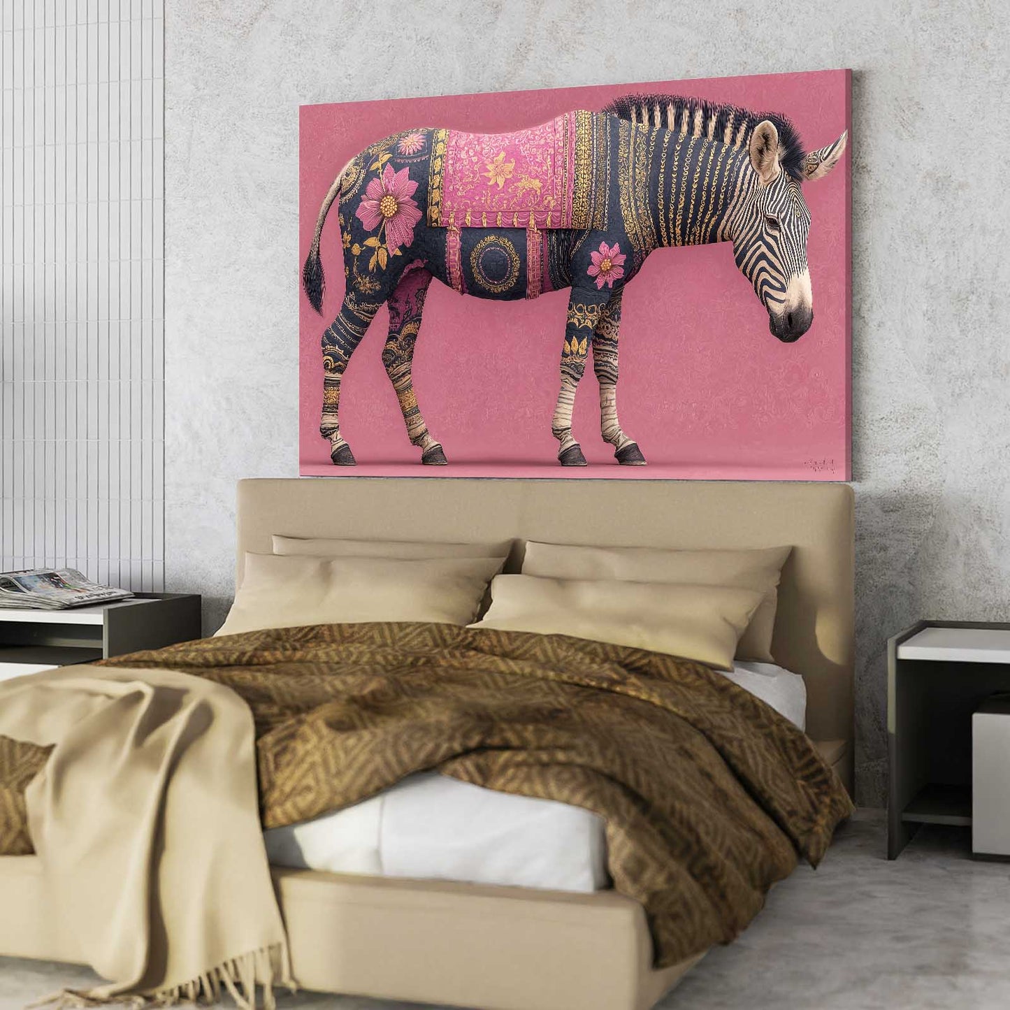 Pink Horizontal Zebra Wall Art – styled in a furnished interior