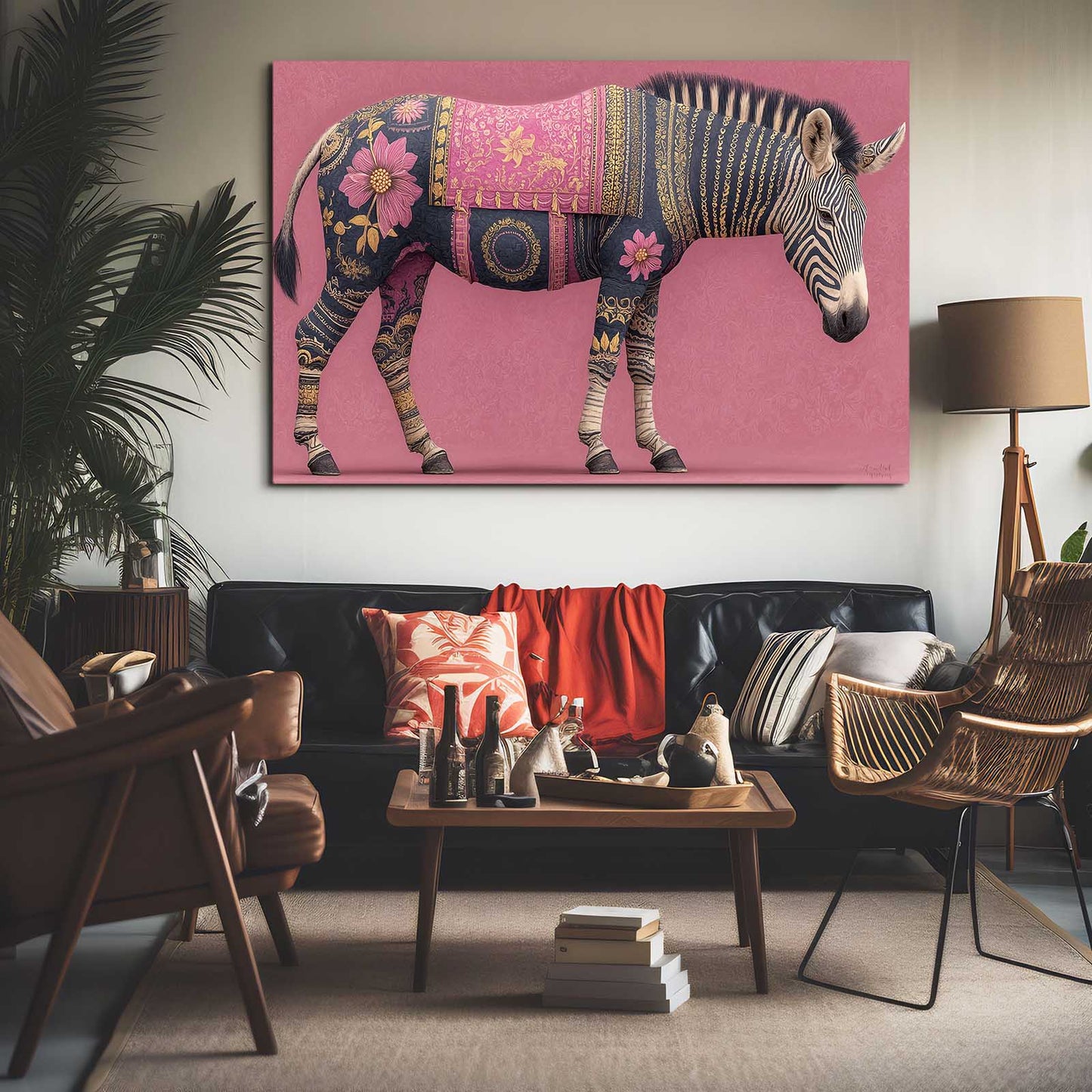 Pink Horizontal Zebra Wall Art – styled in a furnished interior