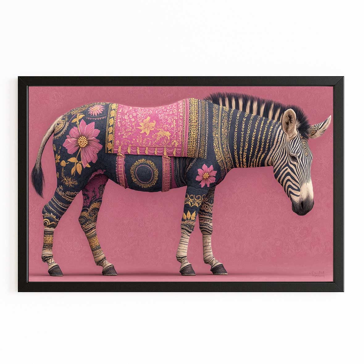 Pink Horizontal Zebra Wall Art – with Premium Black frame on white background
