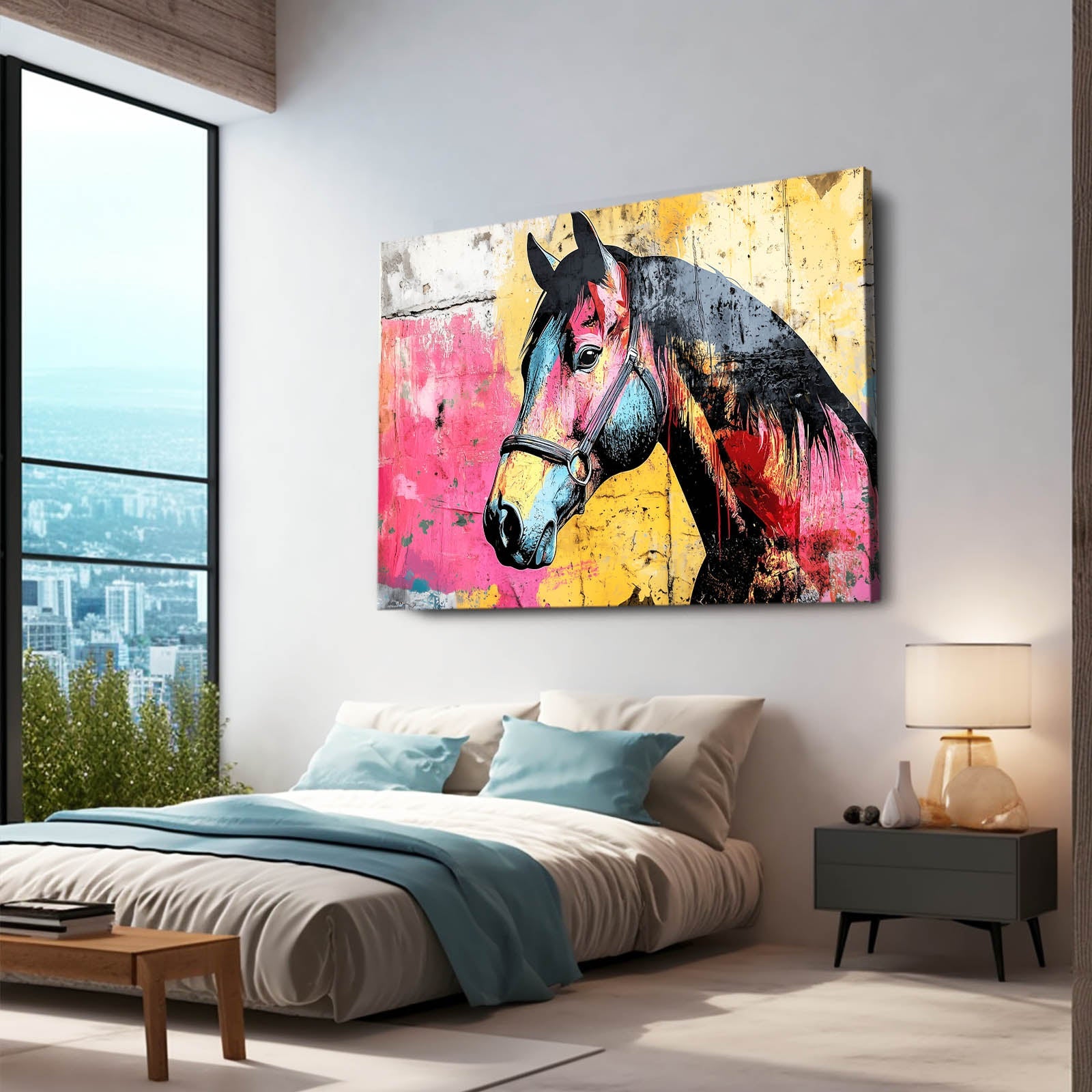 Pink Horse Prints – angled canvas view on white background