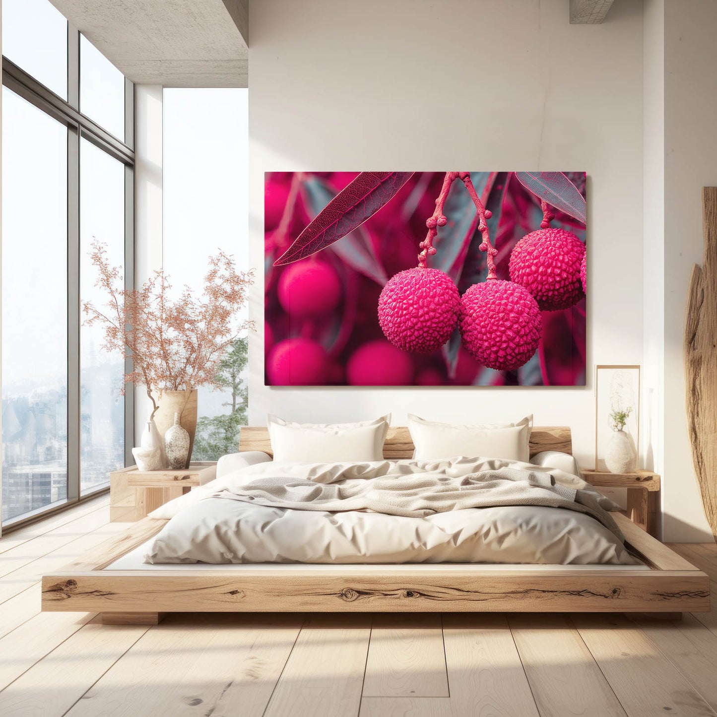 Pink Lychee Macro Fruit Art – styled in a furnished interior