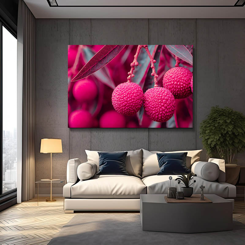 Pink Lychee Macro Fruit Art – styled in a furnished interior