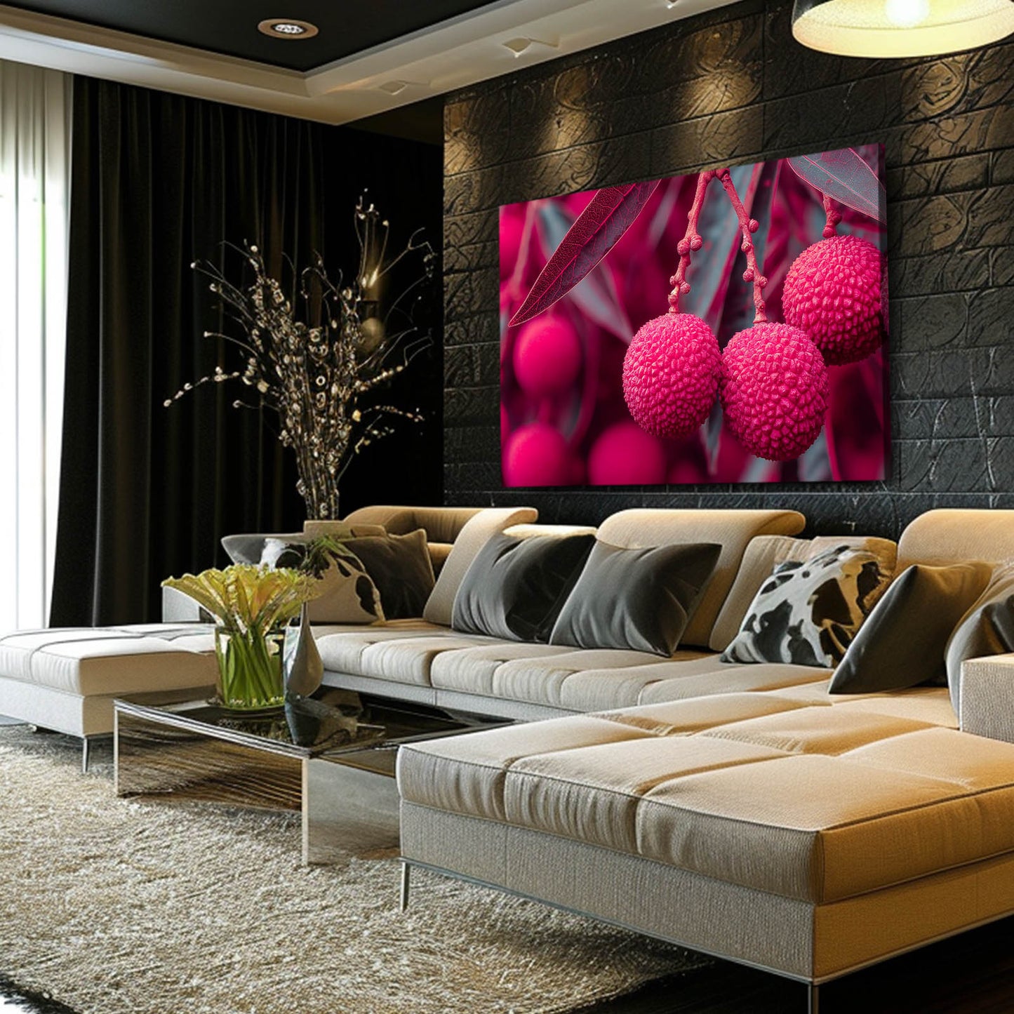 Pink Lychee Macro Fruit Art – styled in a furnished interior