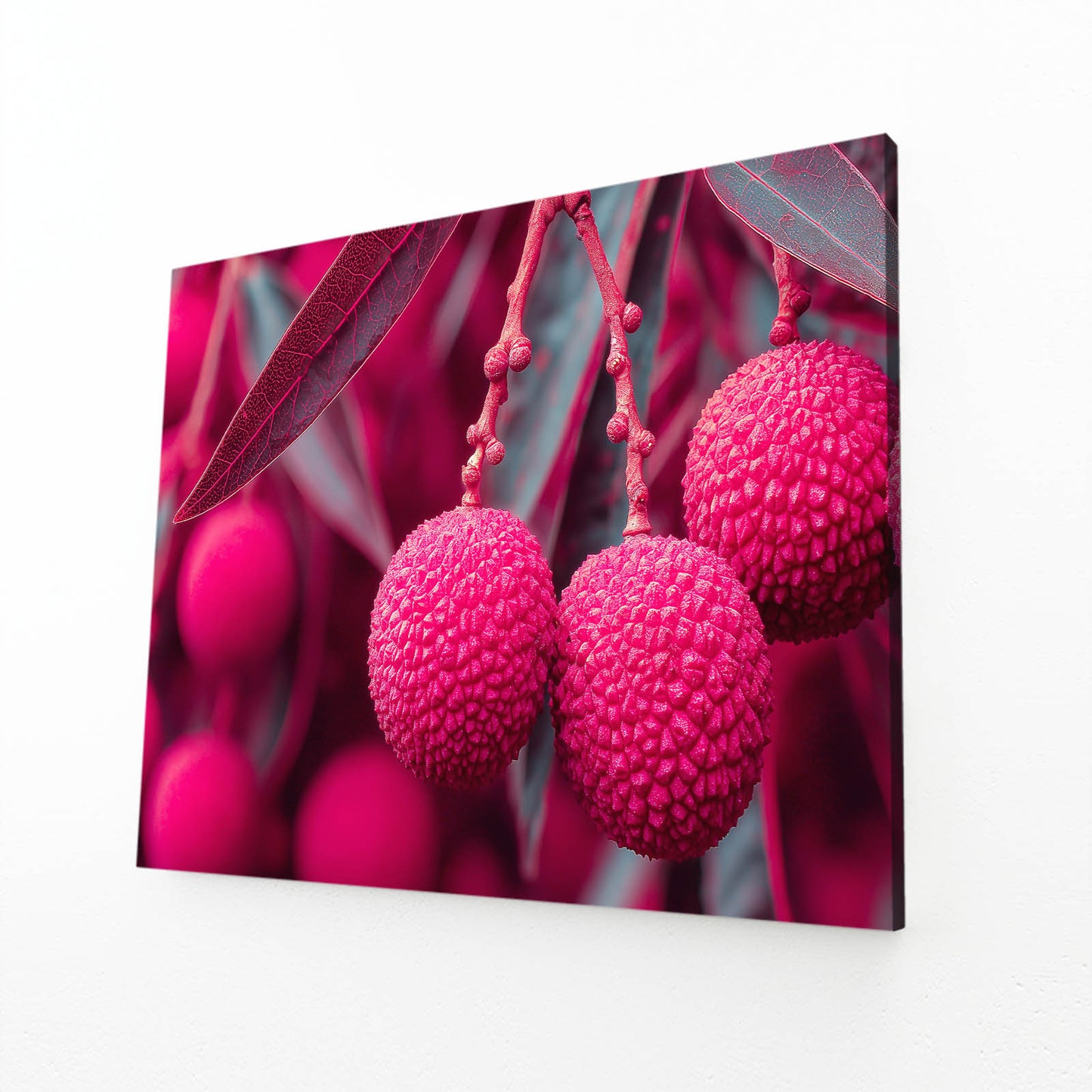 Pink Lychee Macro Fruit Art – angled canvas view on white background