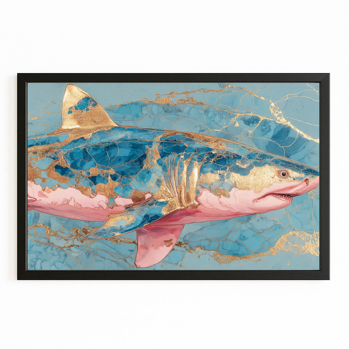 Pink Marble and Gold Shark Wall Decor – with Premium Black frame on white background