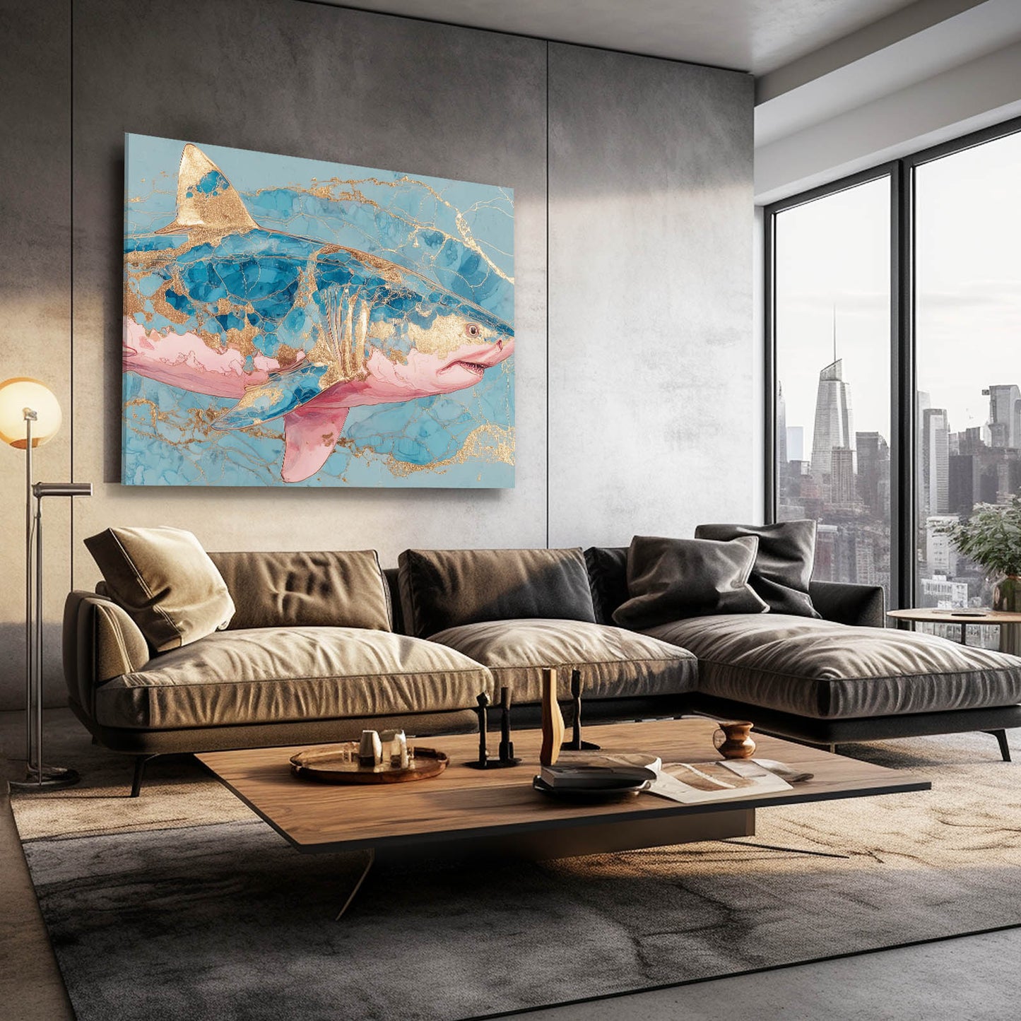 Pink Marble and Gold Shark Wall Decor – styled in a furnished interior