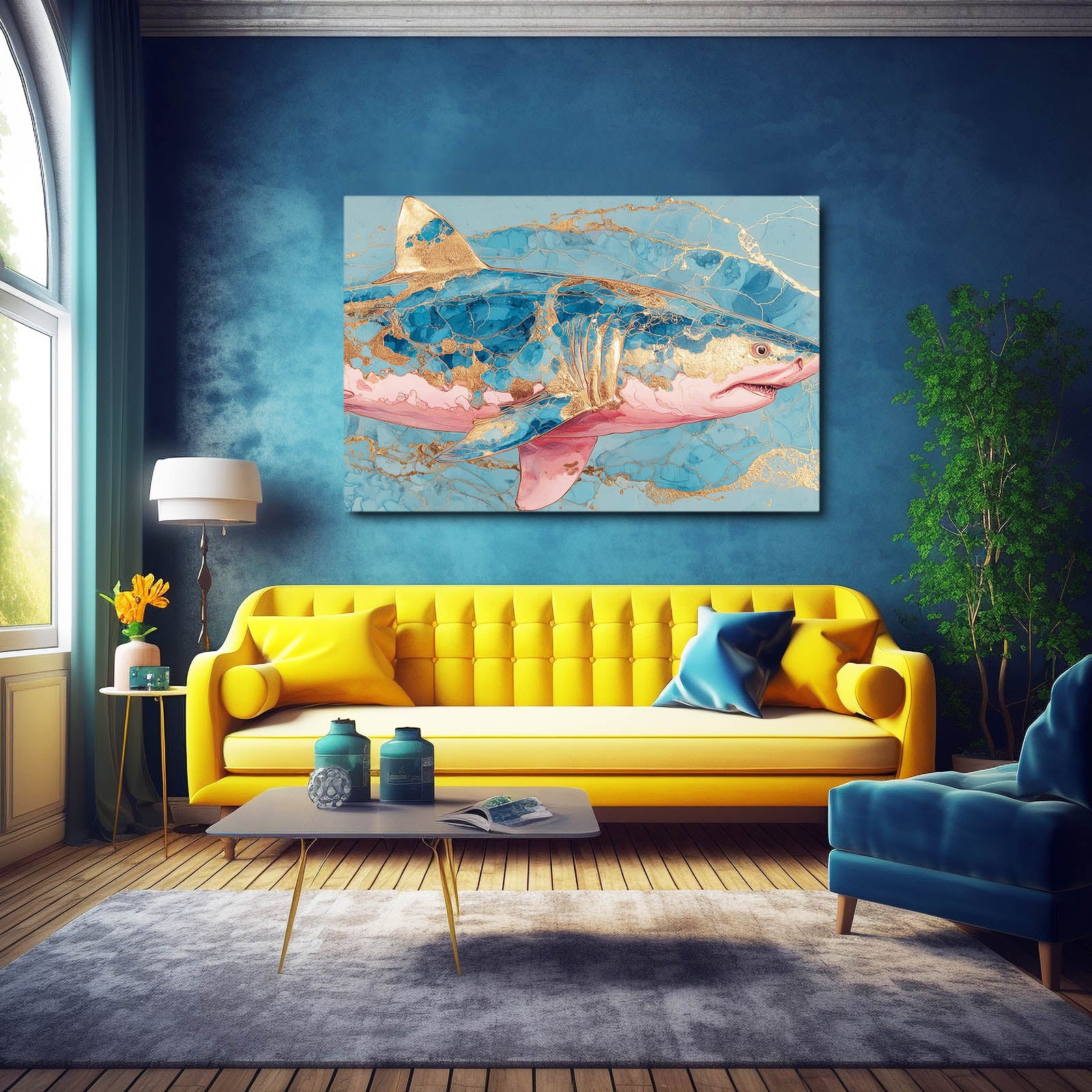 Pink Marble and Gold Shark Wall Decor – styled in a furnished interior