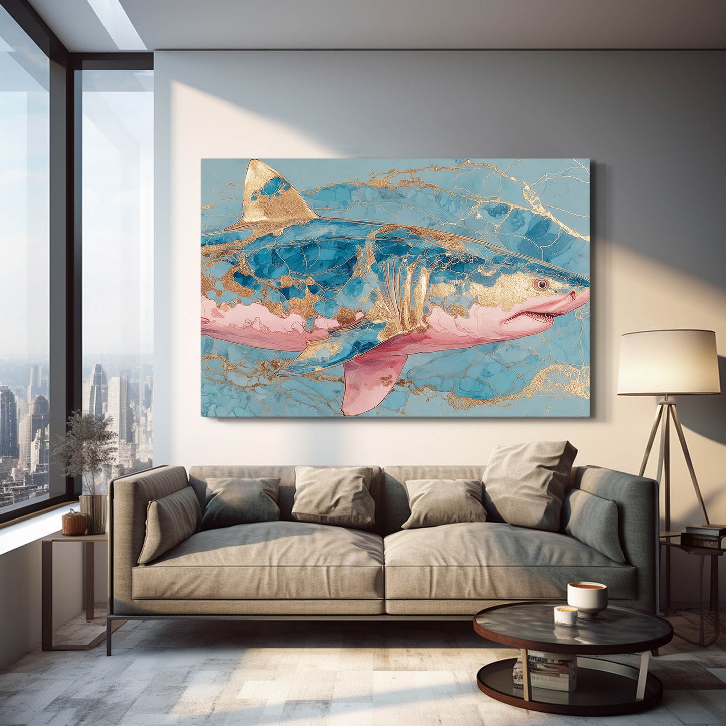 Pink Marble and Gold Shark Wall Decor – styled in a furnished interior
