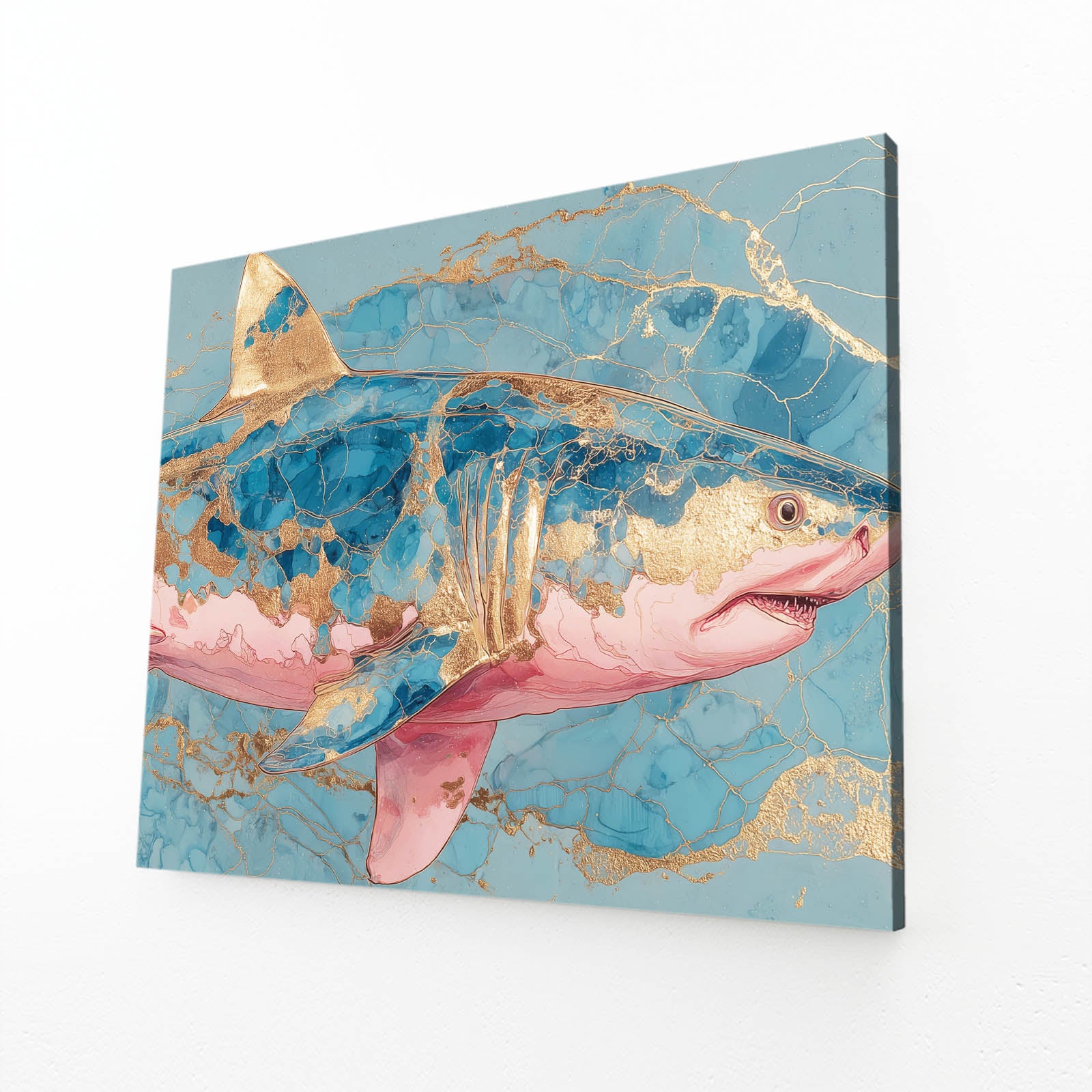 Pink Marble and Gold Shark Wall Decor – angled canvas view on white background