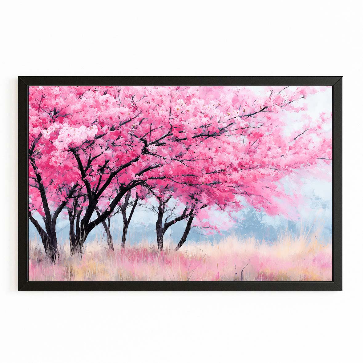 Pink Meadow Trees Cherry Blossom Canvas Art – with Premium Black frame on white background