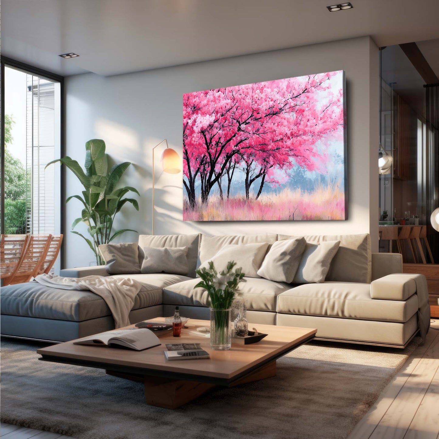 Pink Meadow Trees Cherry Blossom Canvas Art – styled in a furnished interior