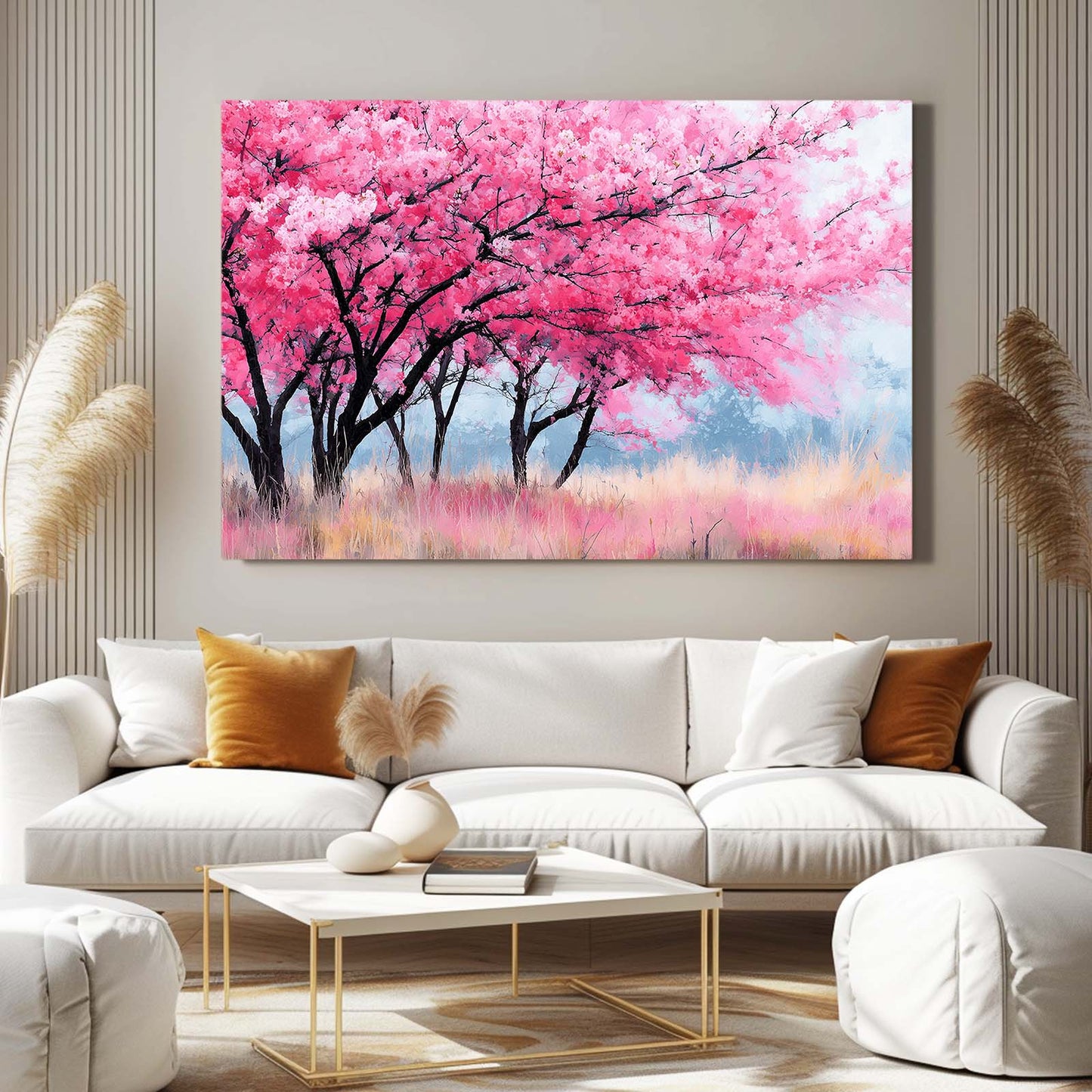 Pink Meadow Trees Cherry Blossom Canvas Art – styled in a furnished interior